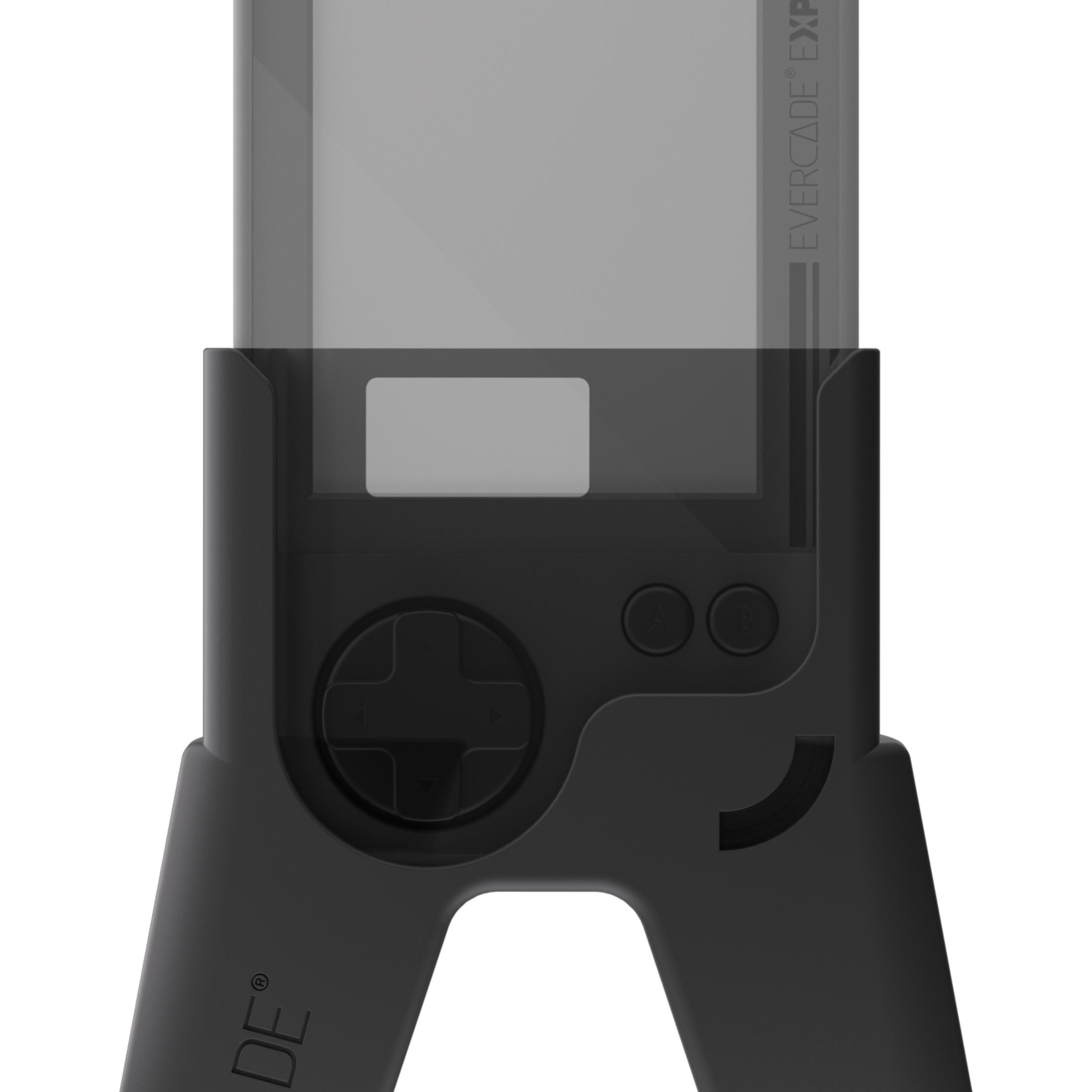 Primer plano de una consola portátil Evercade EXP negra. La pantalla es visible, mostrando el juego.