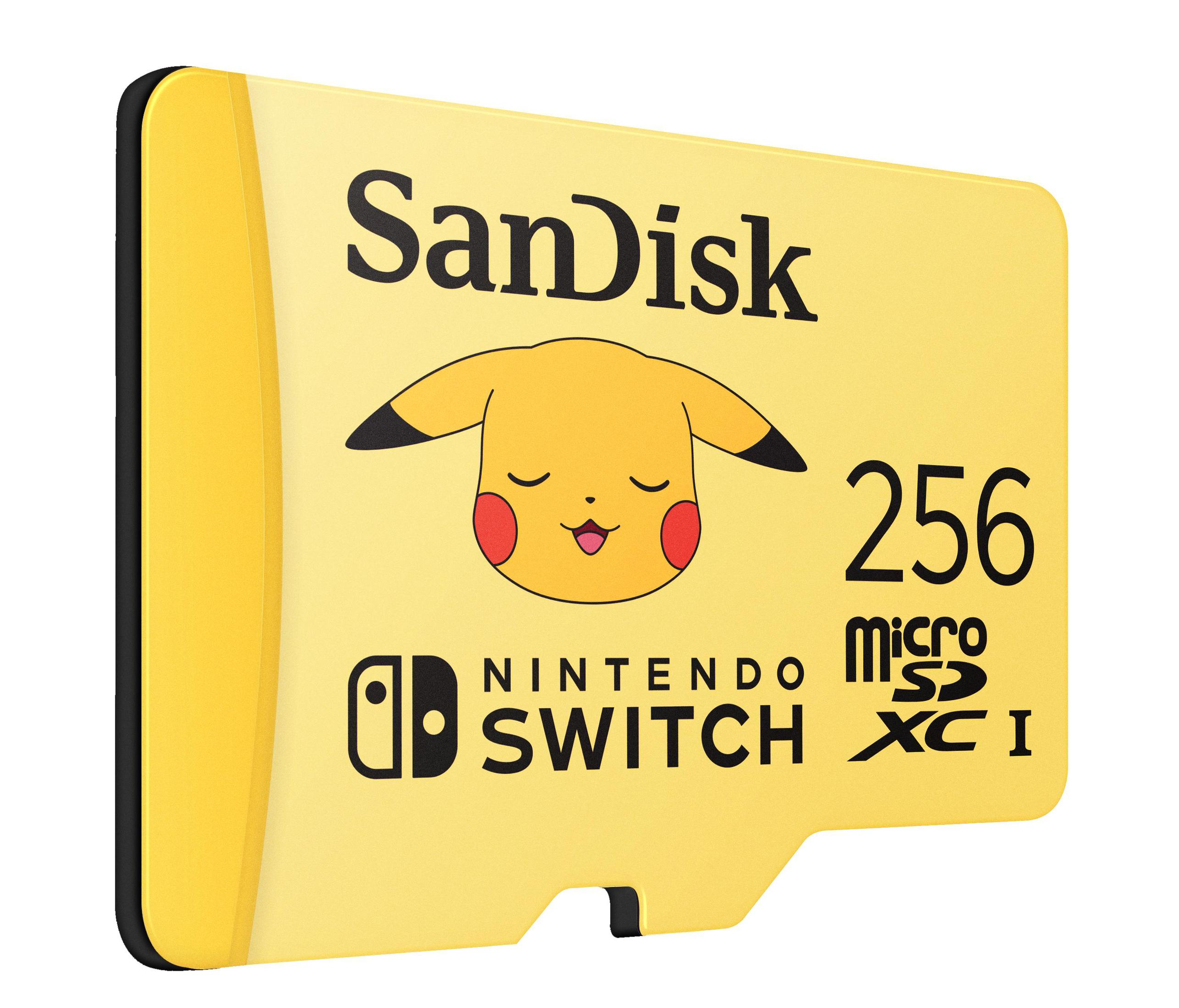 Tarjeta Micro SD SanDisk amarilla, diseño Pikachu, con logo Nintendo Switch, sobre fondo blanco.