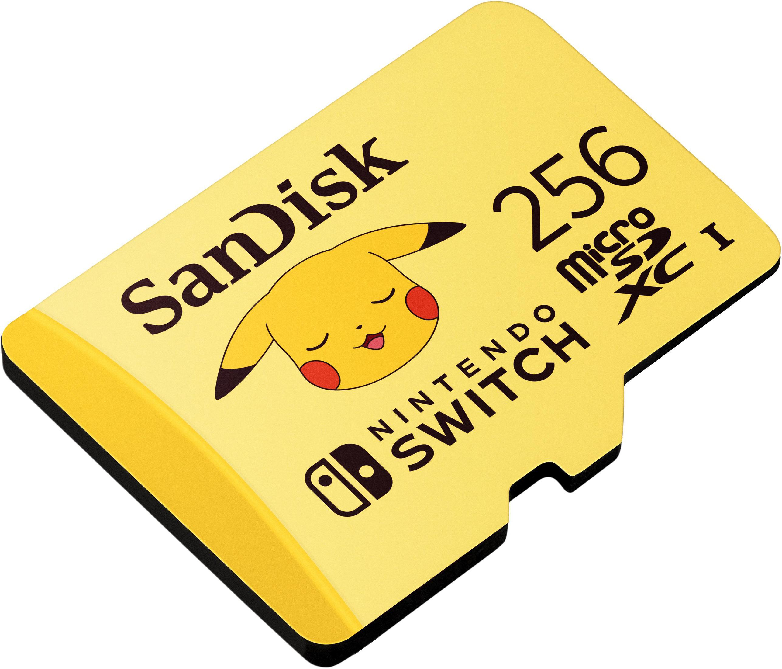 Tarjeta MicroSD SanDisk amarilla con un gráfico de Pikachu, texto 256GB y Nintendo Switch.