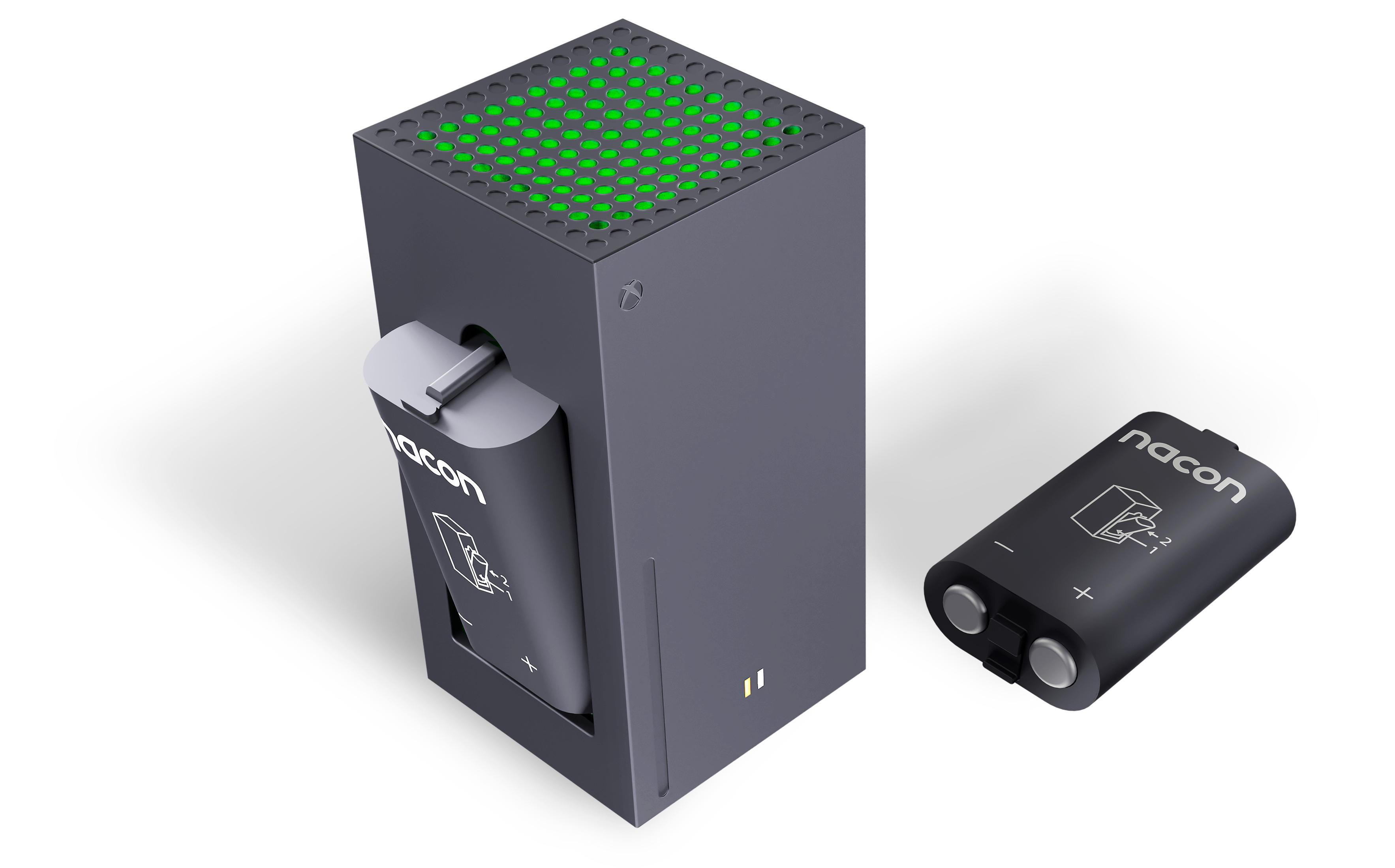 Szara stacja ładująca akumulatory Xbox Series X z baterią obok.