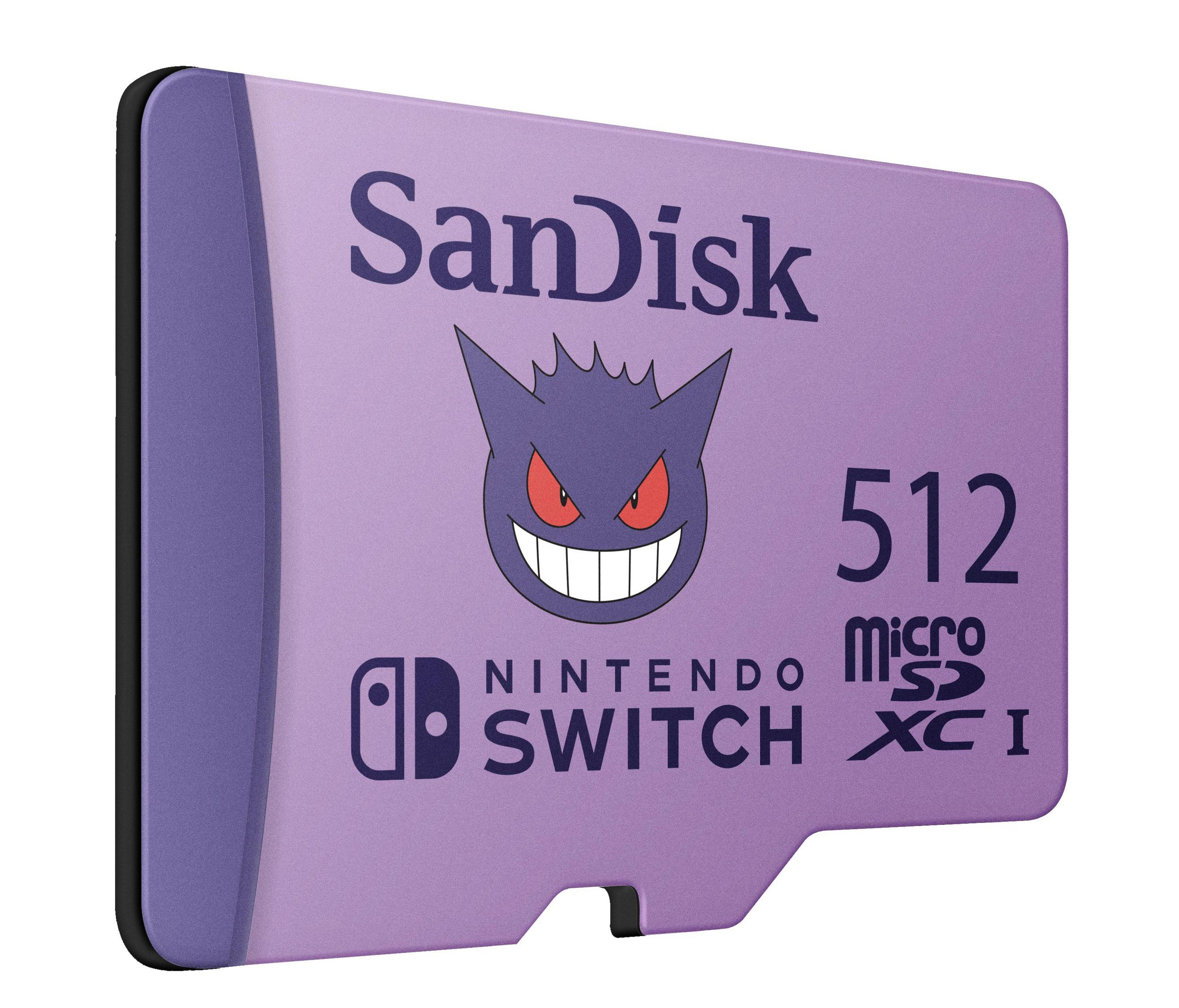 Eine lila Nintendo Switch SD-Karte mit einem Gengar-Design und dem Text "SanDisk" und "Nintendo Switch".