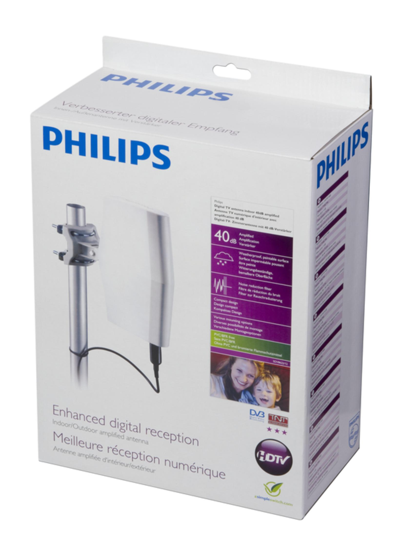 Eine Philips Antennenbox, weiß mit Text. Die Antenne ist weiß und schwarz und hat ein schwarzes Kabel.
