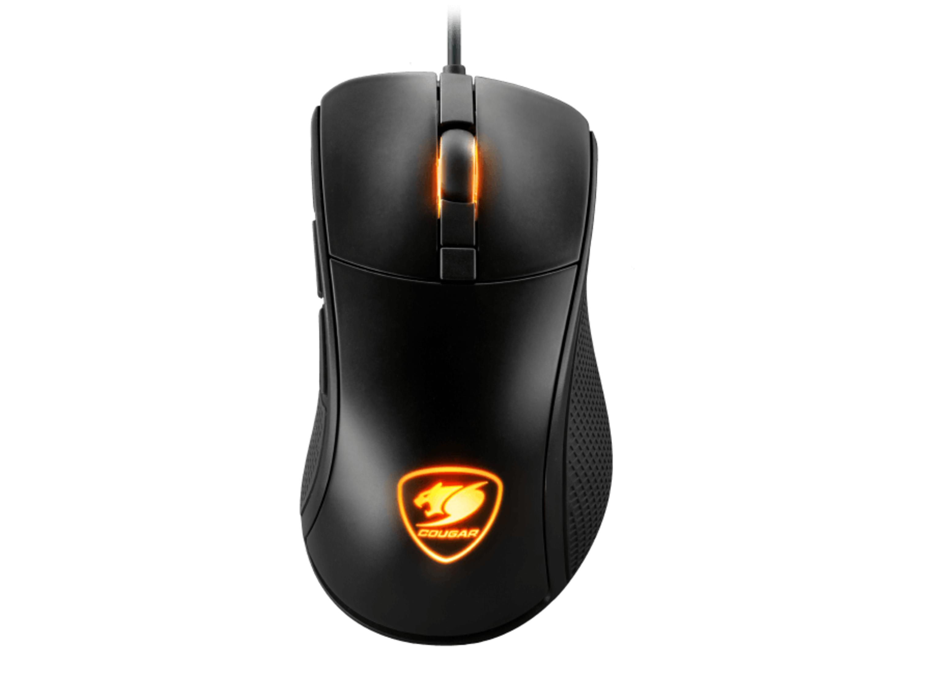 Mouse per computer nero con logo luminoso e rotella di scorrimento arancione illuminata.
