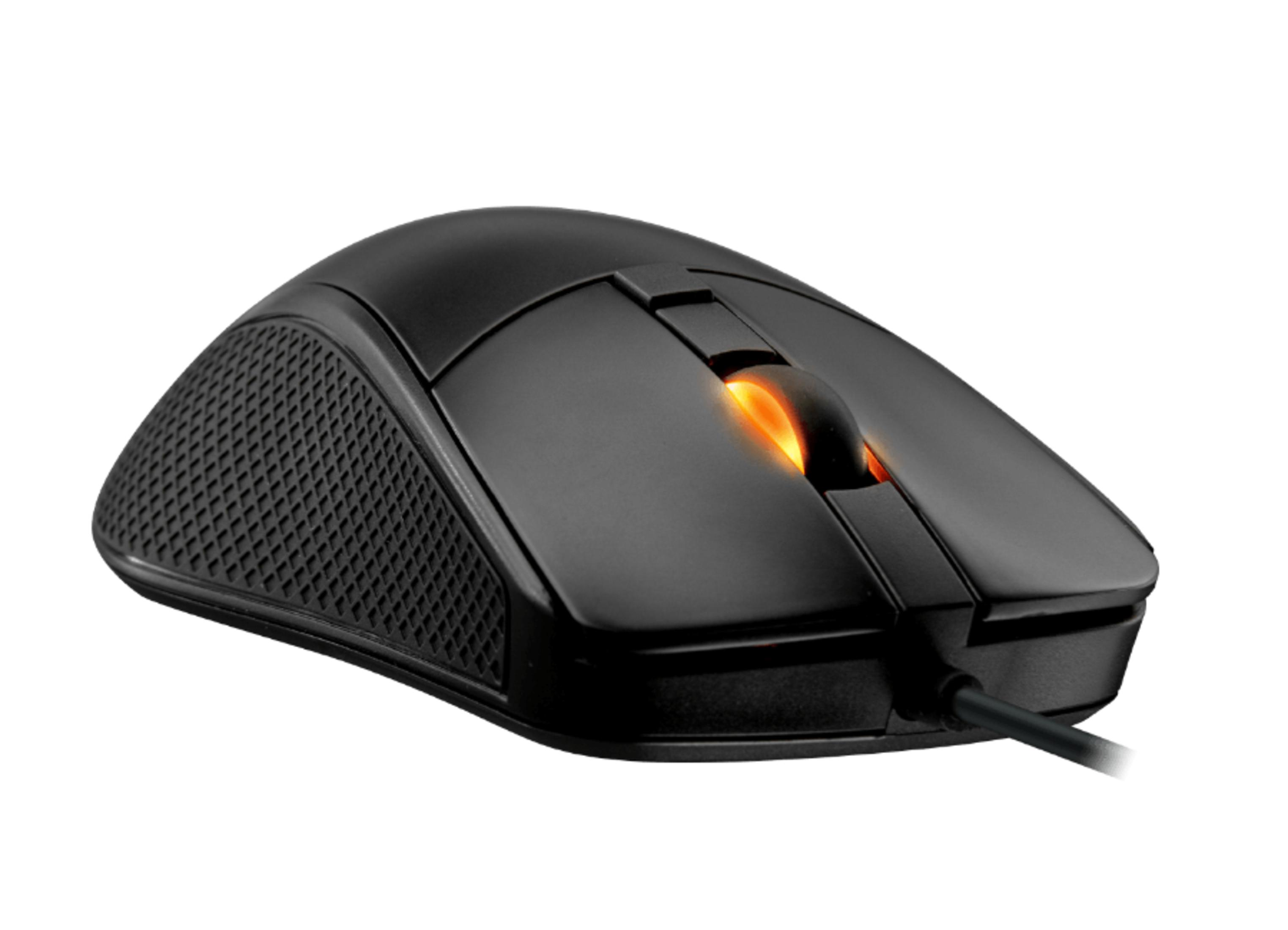 Mouse da gioco nero con luce arancione sulla rotella. Ha un'impugnatura strutturata e un cavo.