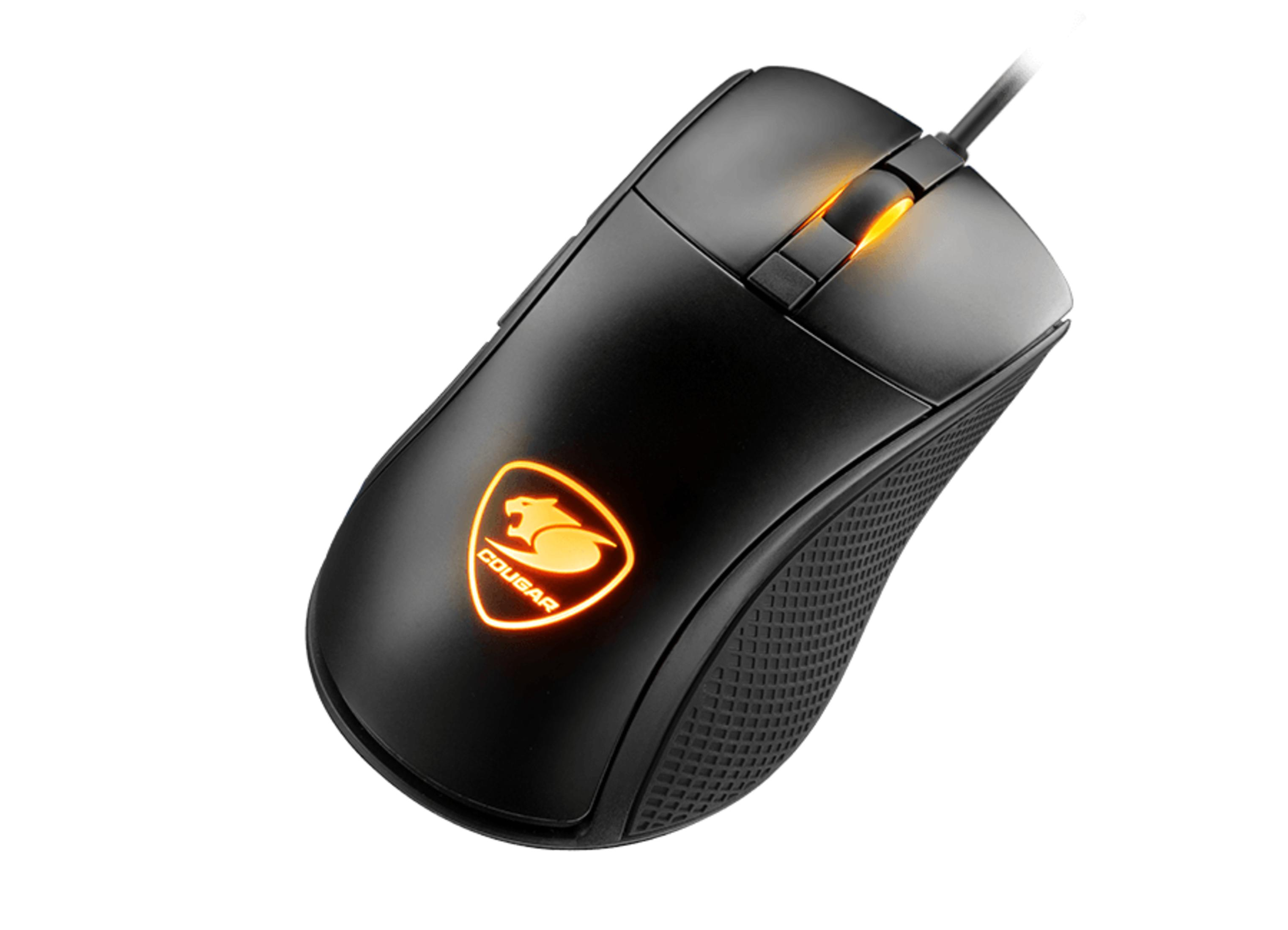 Mouse da gaming Cougar nero. Logo Cougar arancione illuminato. Su sfondo bianco.