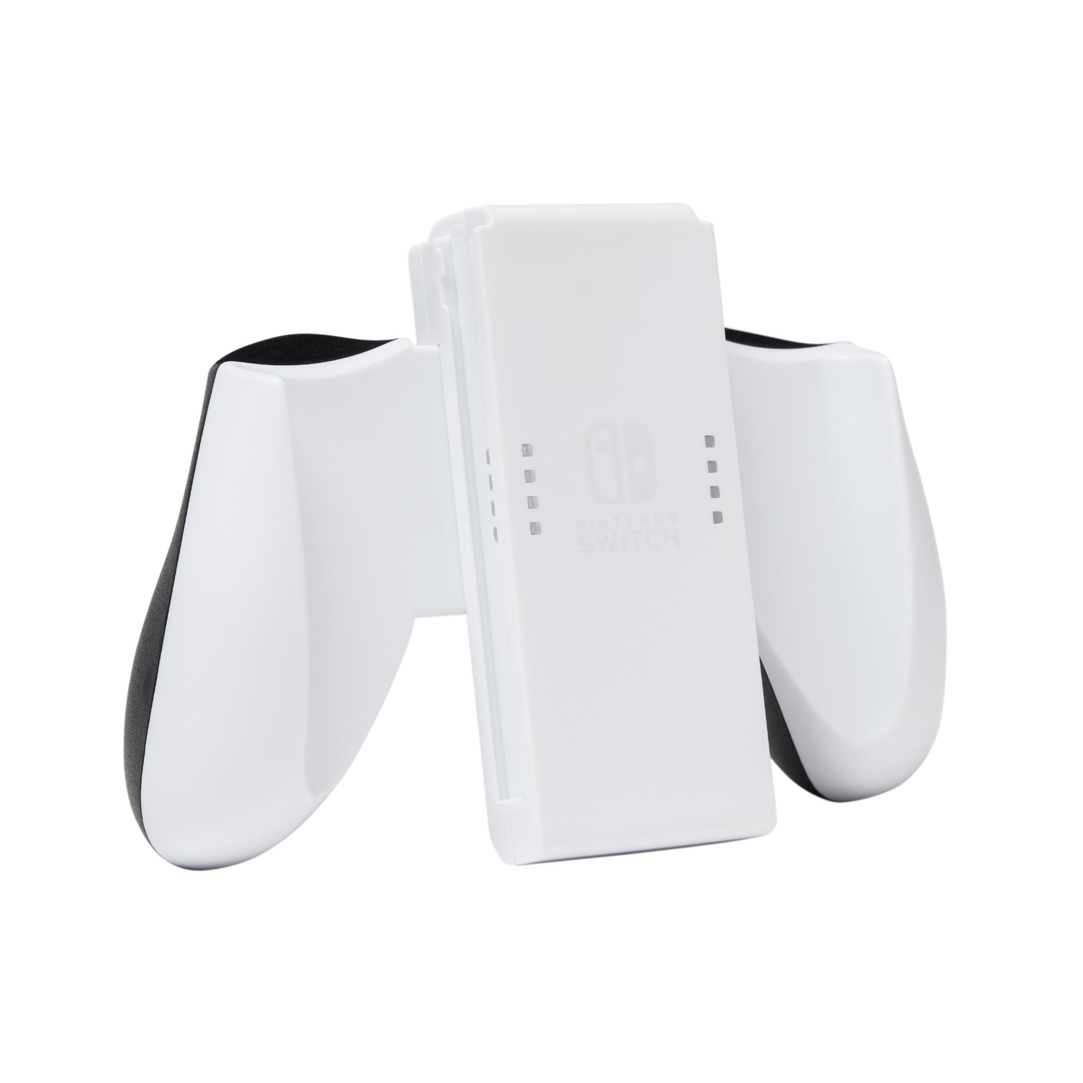 Un'impugnatura bianca per controller Nintendo Switch con dettagli neri su sfondo bianco.