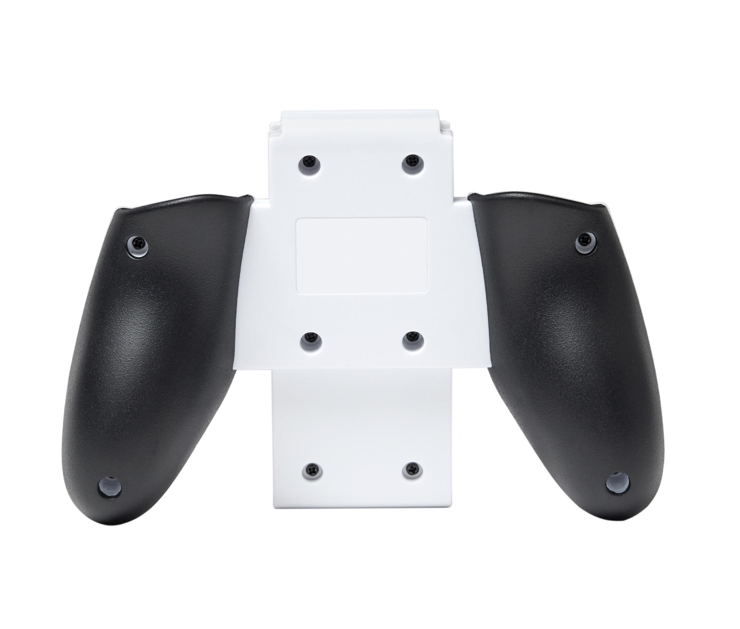 Supporto per controller di gioco bianco e nero. Ha due maniglie nere.