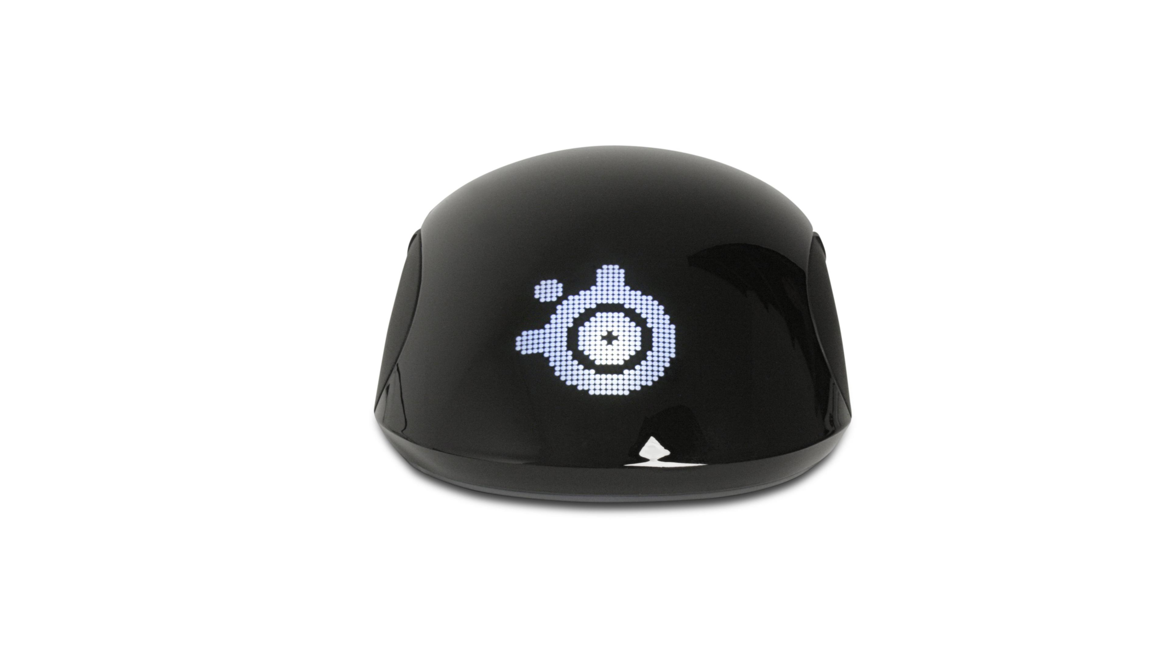 Schwarze Maus mit weißem Logo oben, isoliert auf weißem Hintergrund.