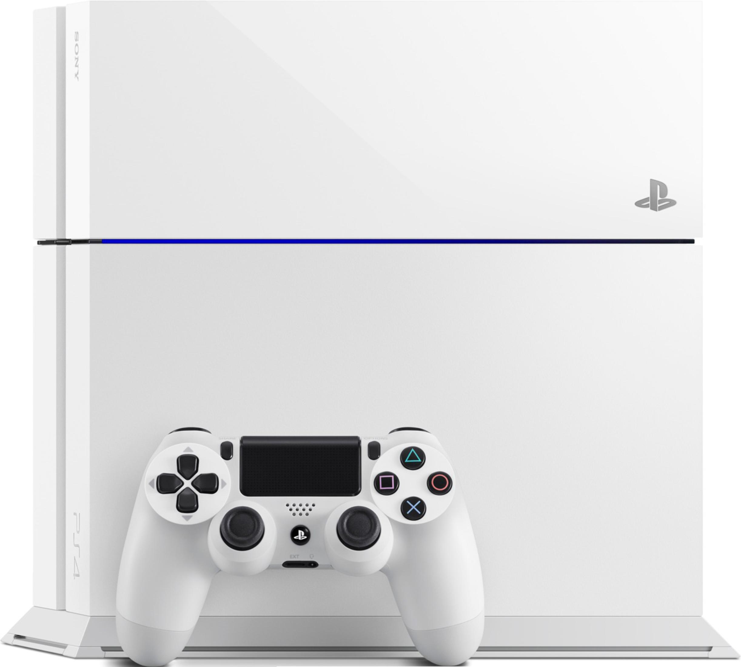 Eine weiße PlayStation 4-Konsole mit einem weißen Controller davor, auf weißem Hintergrund.