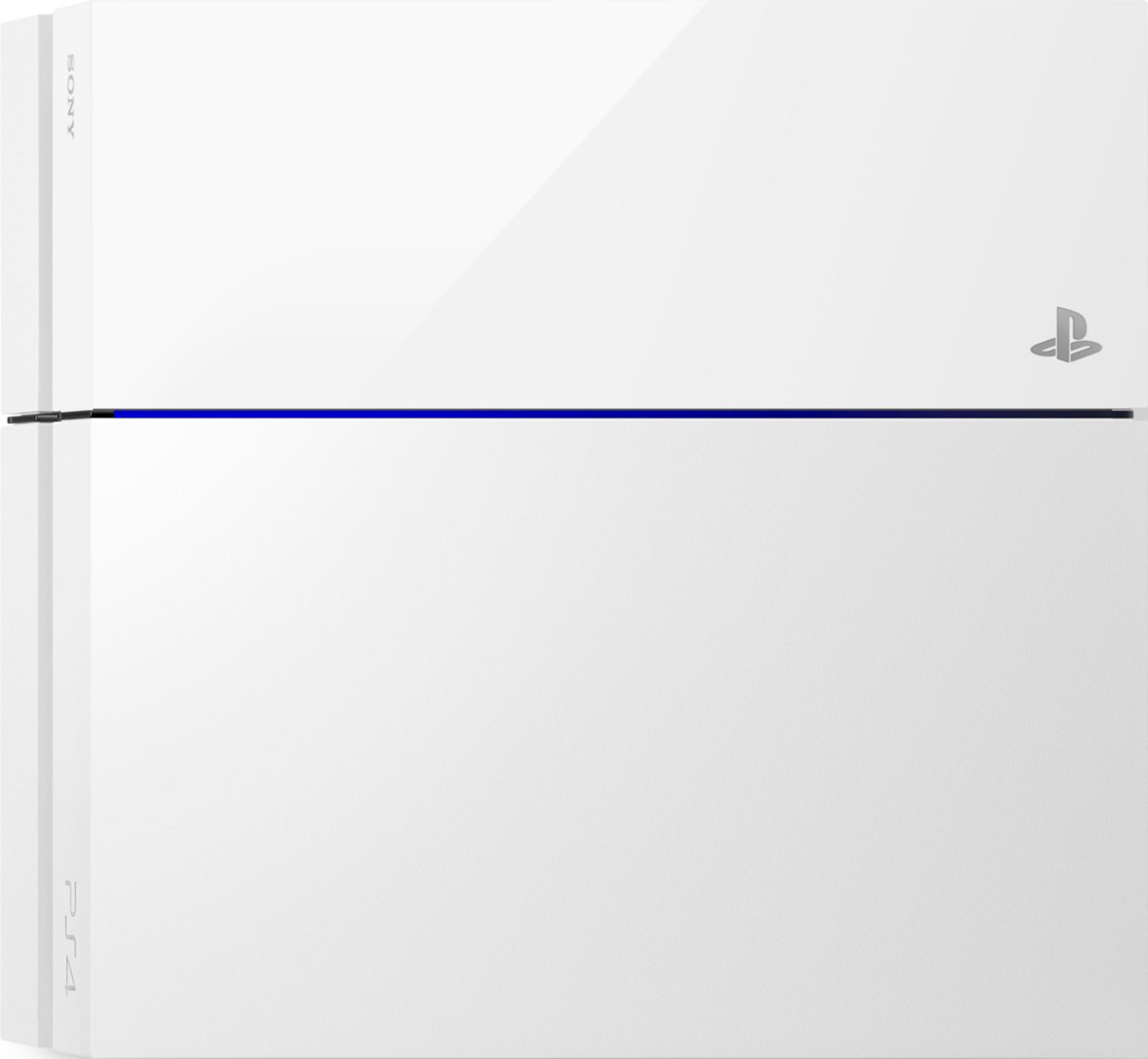 Weiße Playstation 4 Konsole, mit sichtbaren Sony und Playstation Logos.