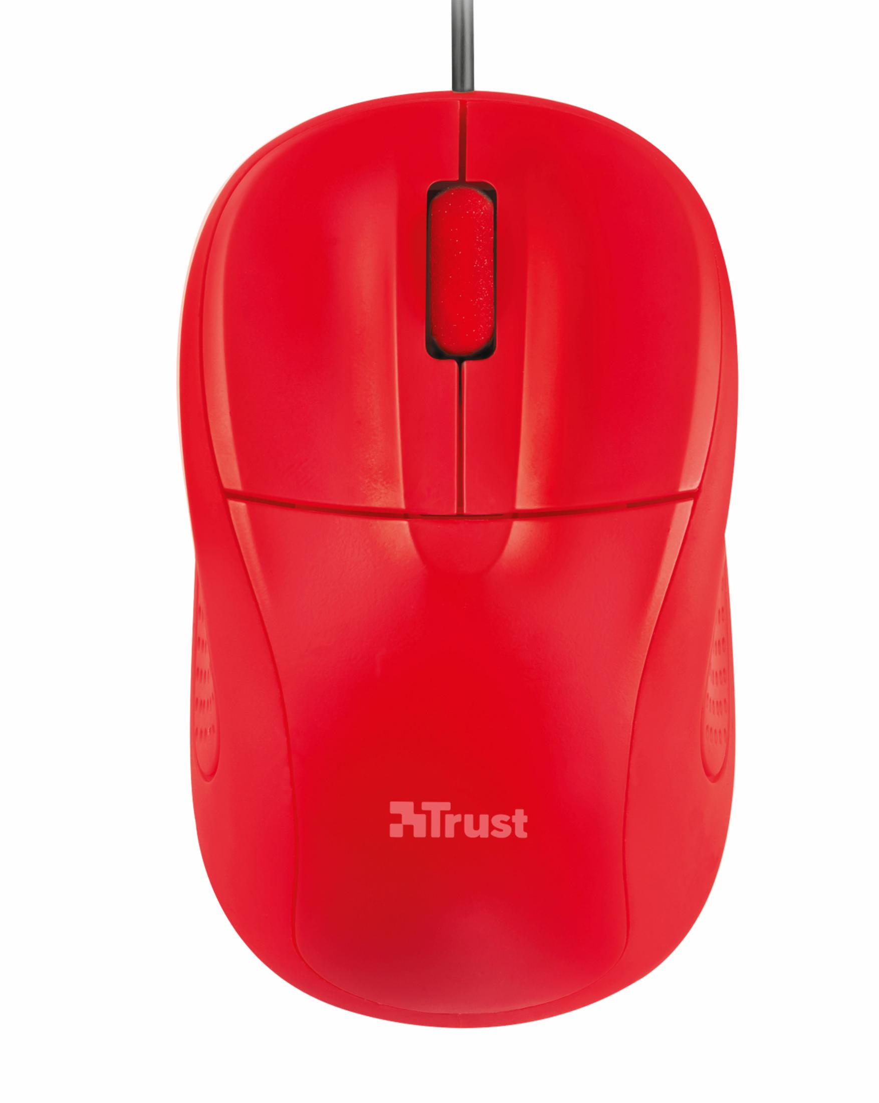 Ratón de ordenador rojo con logo Trust. Diseño simple, vista superior, aislado.