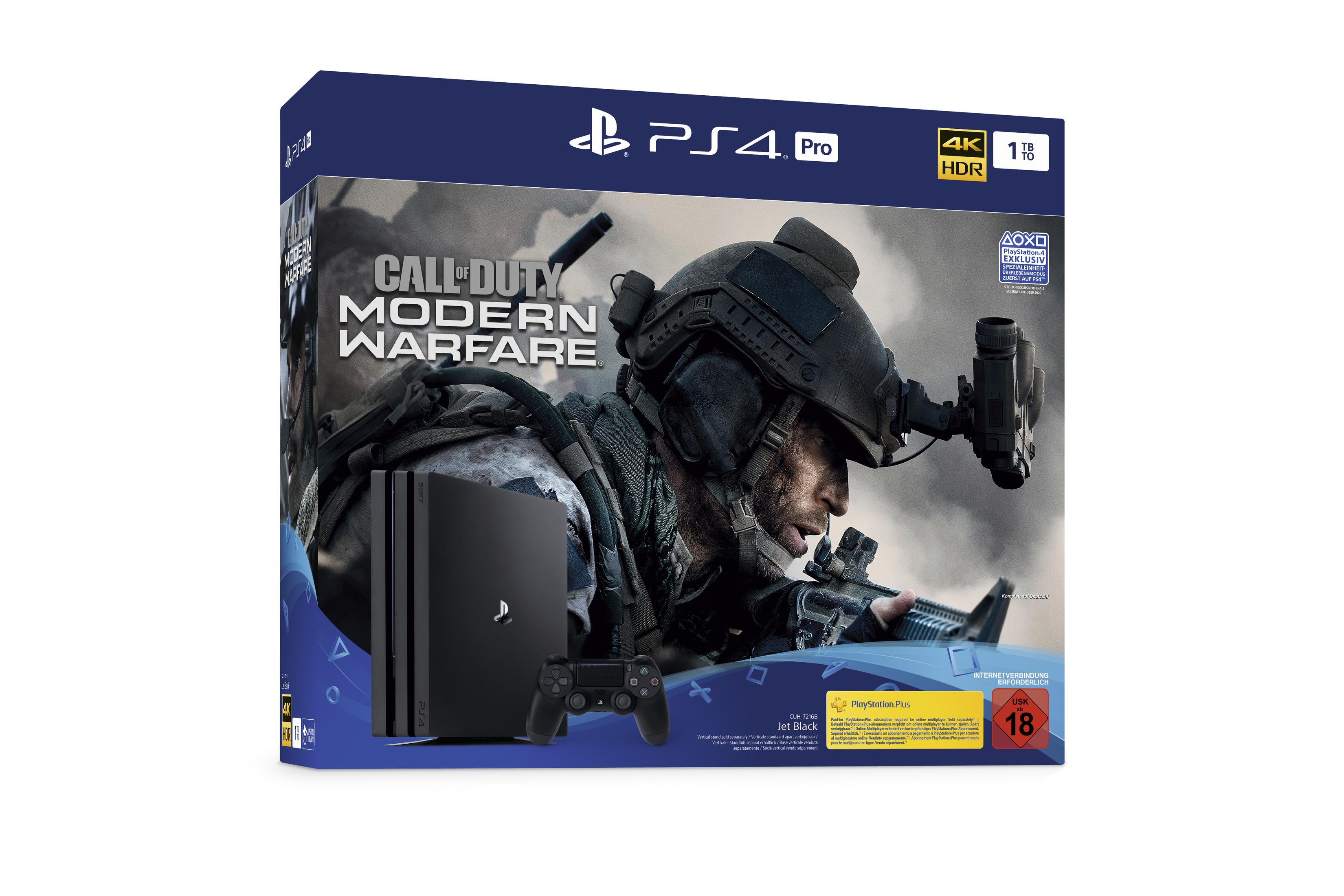 Eine PS4 Pro Call of Duty Modern Warfare Bundle-Box. Auf der Vorderseite ist ein Soldatenbild.