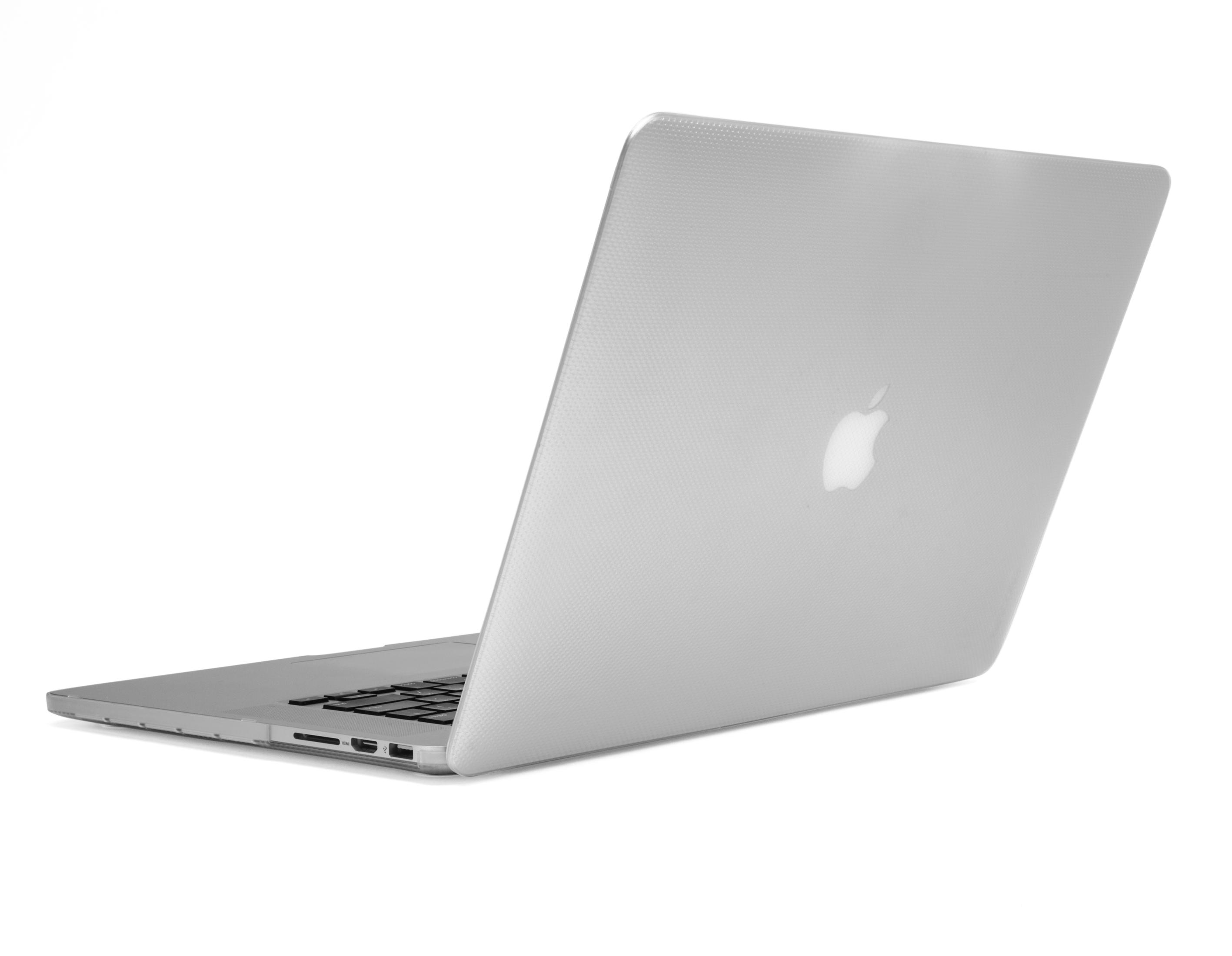 Ein silberner Laptop ist geöffnet und zeigt die Rückseite mit einem Apple-Logo. Es ist vor weißem Hintergrund.