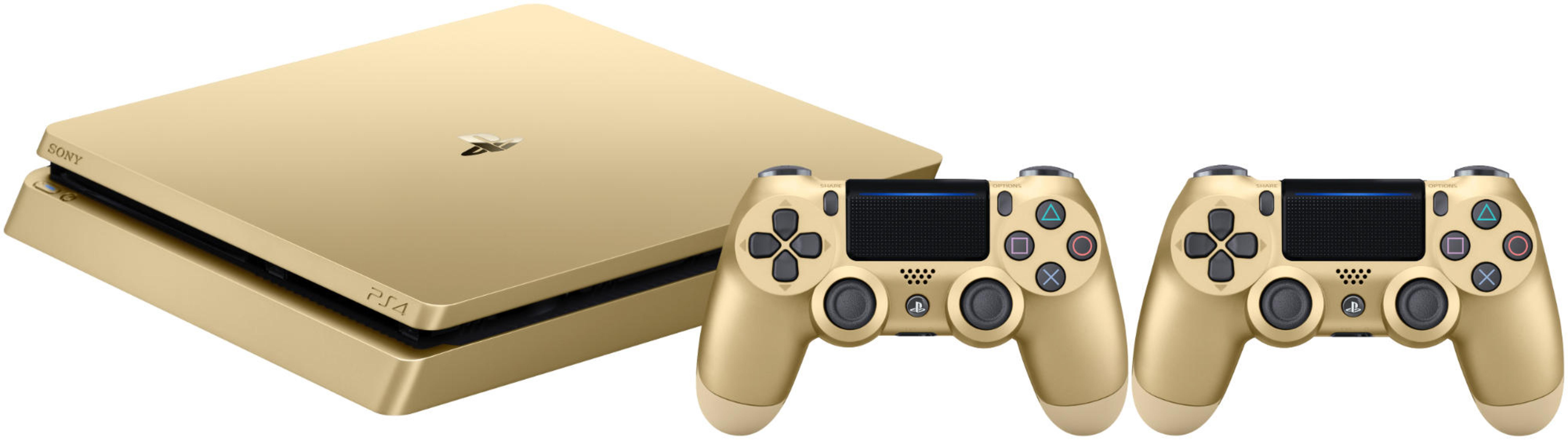 Eine goldene PlayStation 4 Konsole und zwei passende goldene Controller auf weißem Hintergrund.
