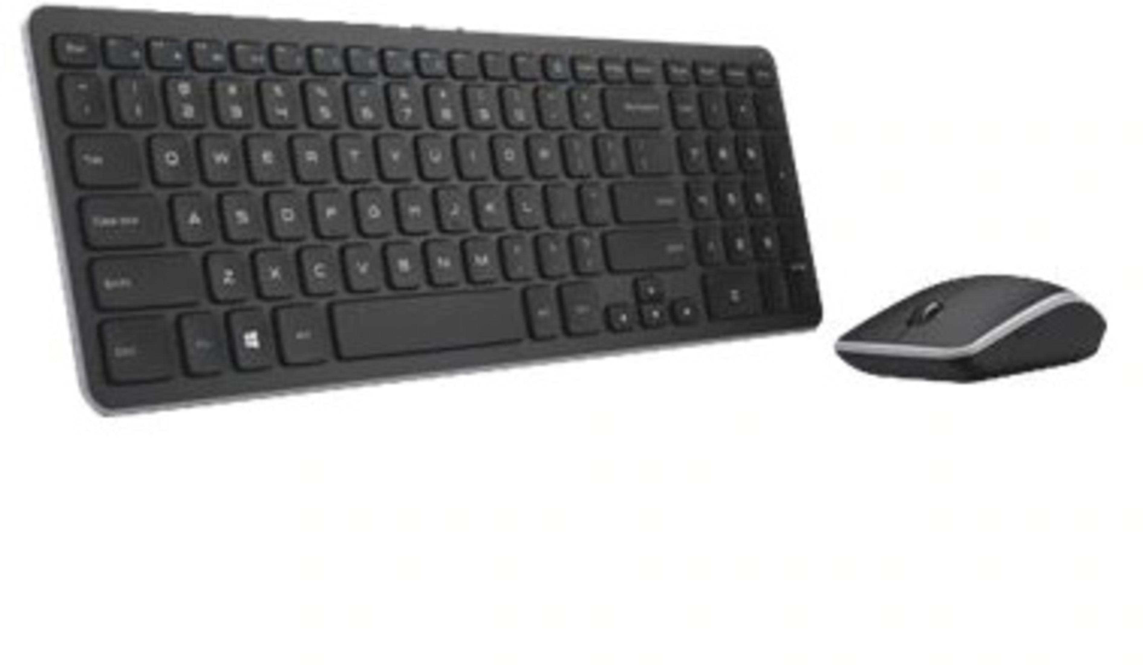 Ein schwarzes Tastatur- und Maus-Set. Die Tastatur ist in voller Größe.