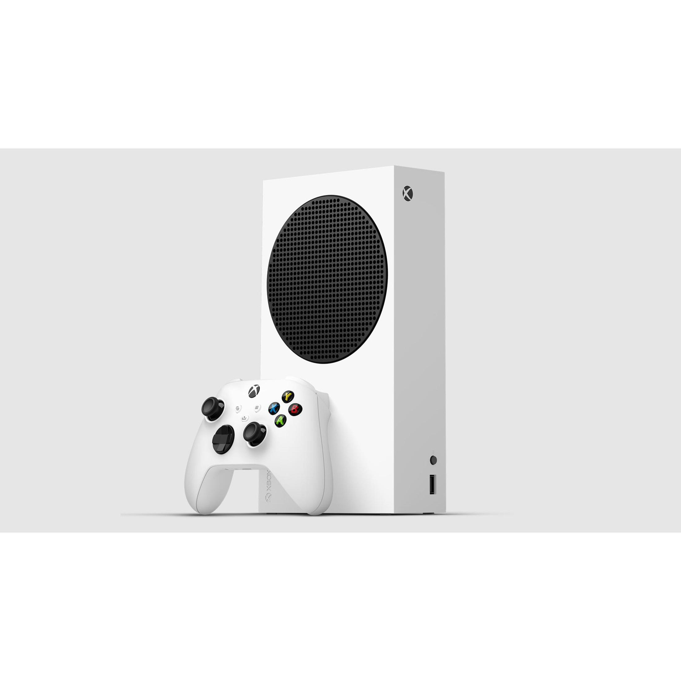 Biała konsola Xbox Series S i kontroler na białym tle.