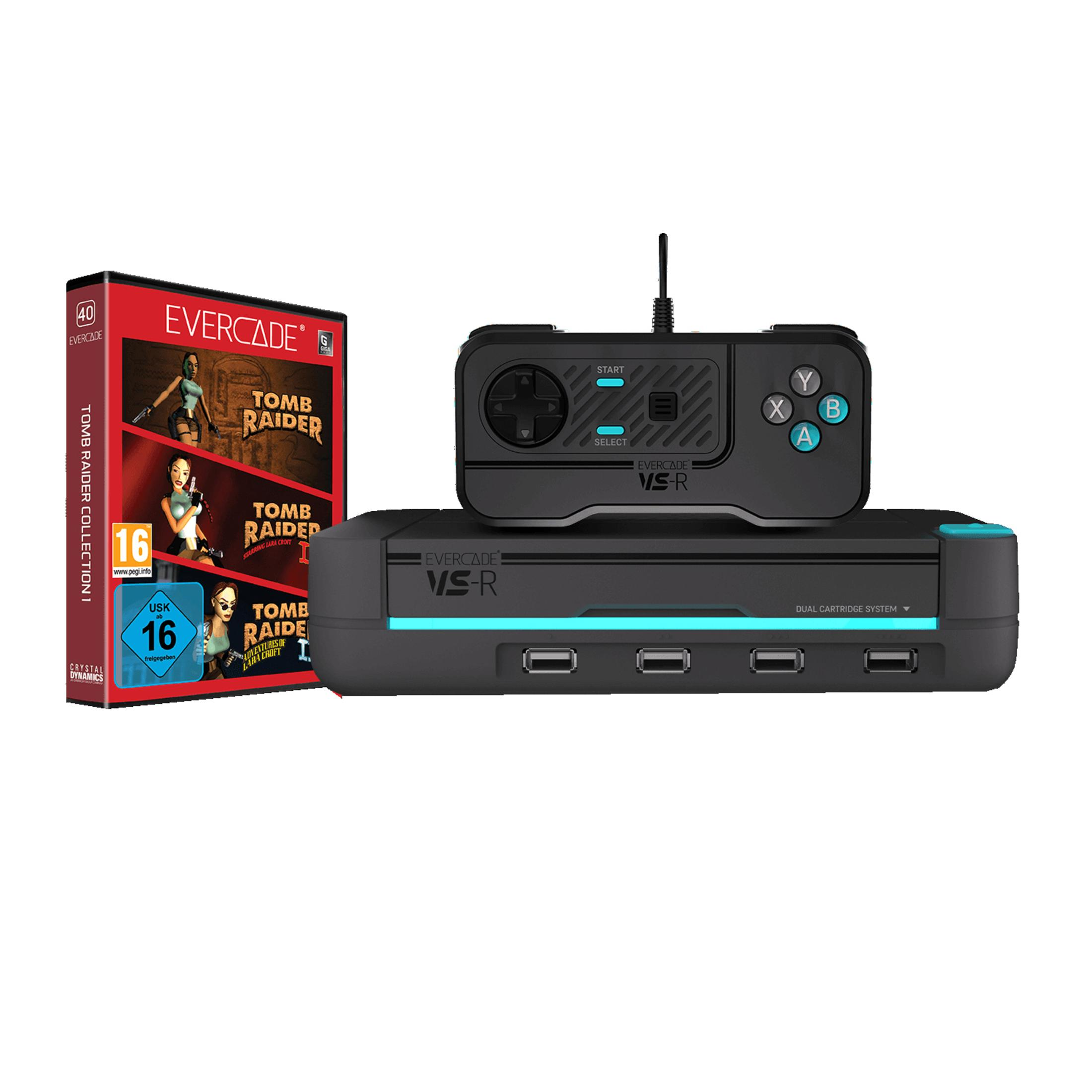 Eine Spielkonsole mit einem Controller und einer Spielbox. Konsole und Controller sind schwarz.