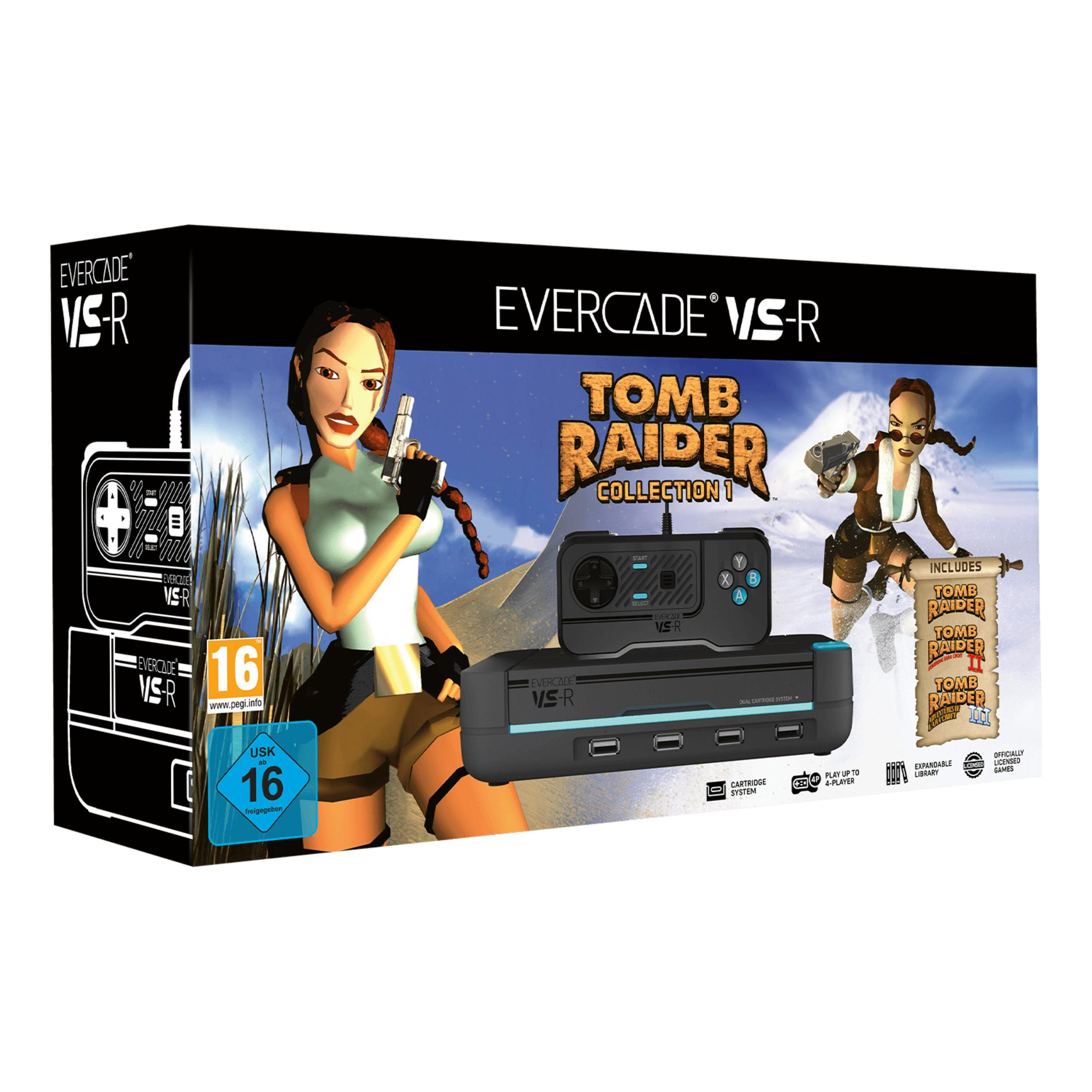 Box der Evercade VS-R Tomb Raider Collection 1 Spielkonsole und Zubehör.