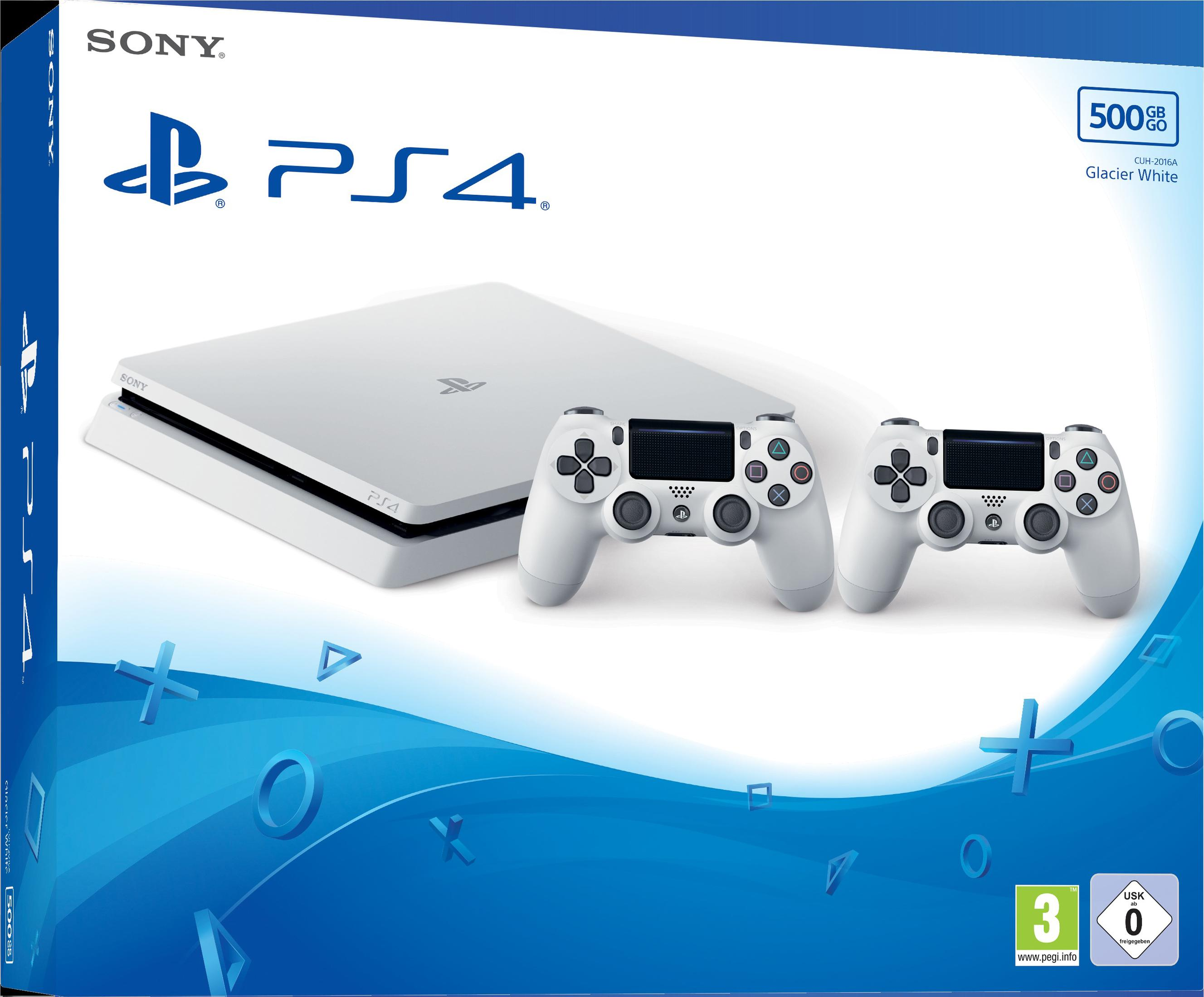 Eine weiße PS4-Konsole mit zwei weißen Controllern in einer blauen Box.