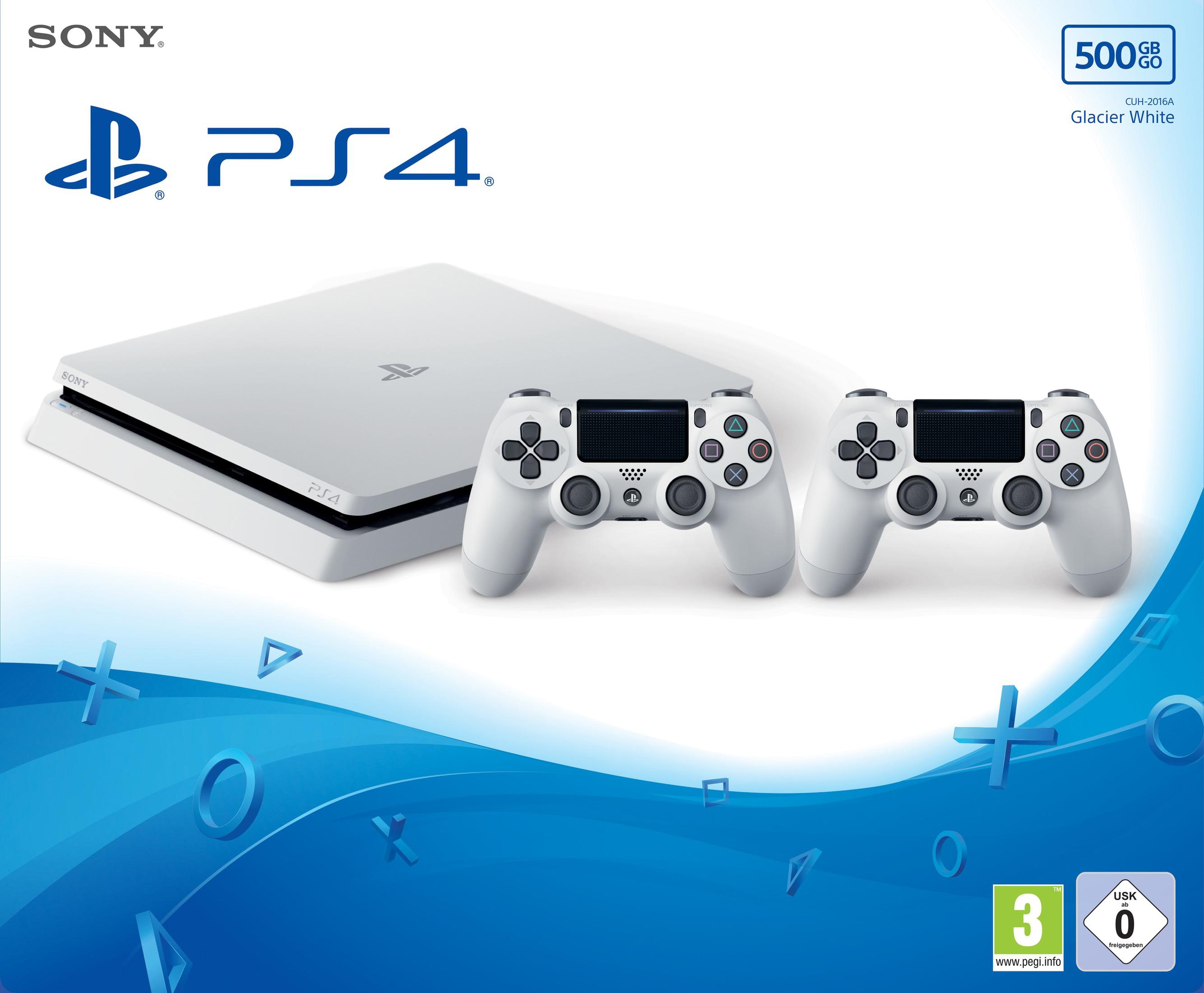 Eine weiße PS4-Konsole mit zwei weißen Controllern und einer Box mit PS4.