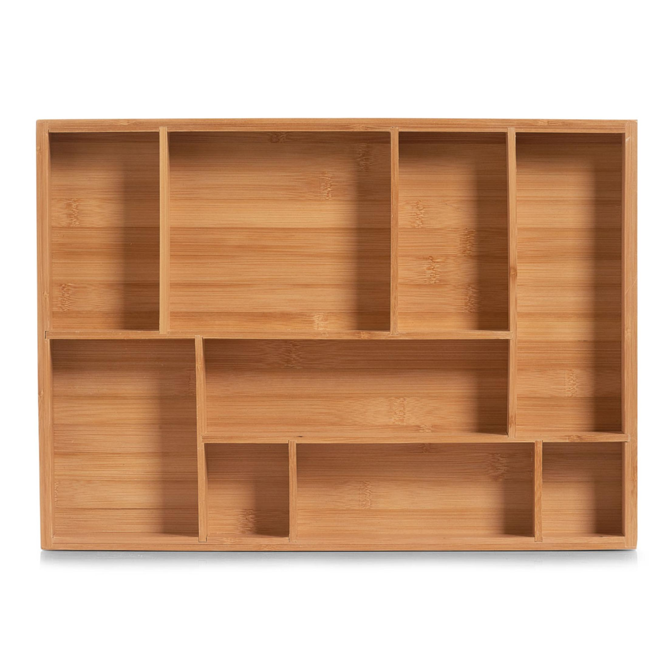 Holzorganizer mit mehreren Fächern, Draufsicht.