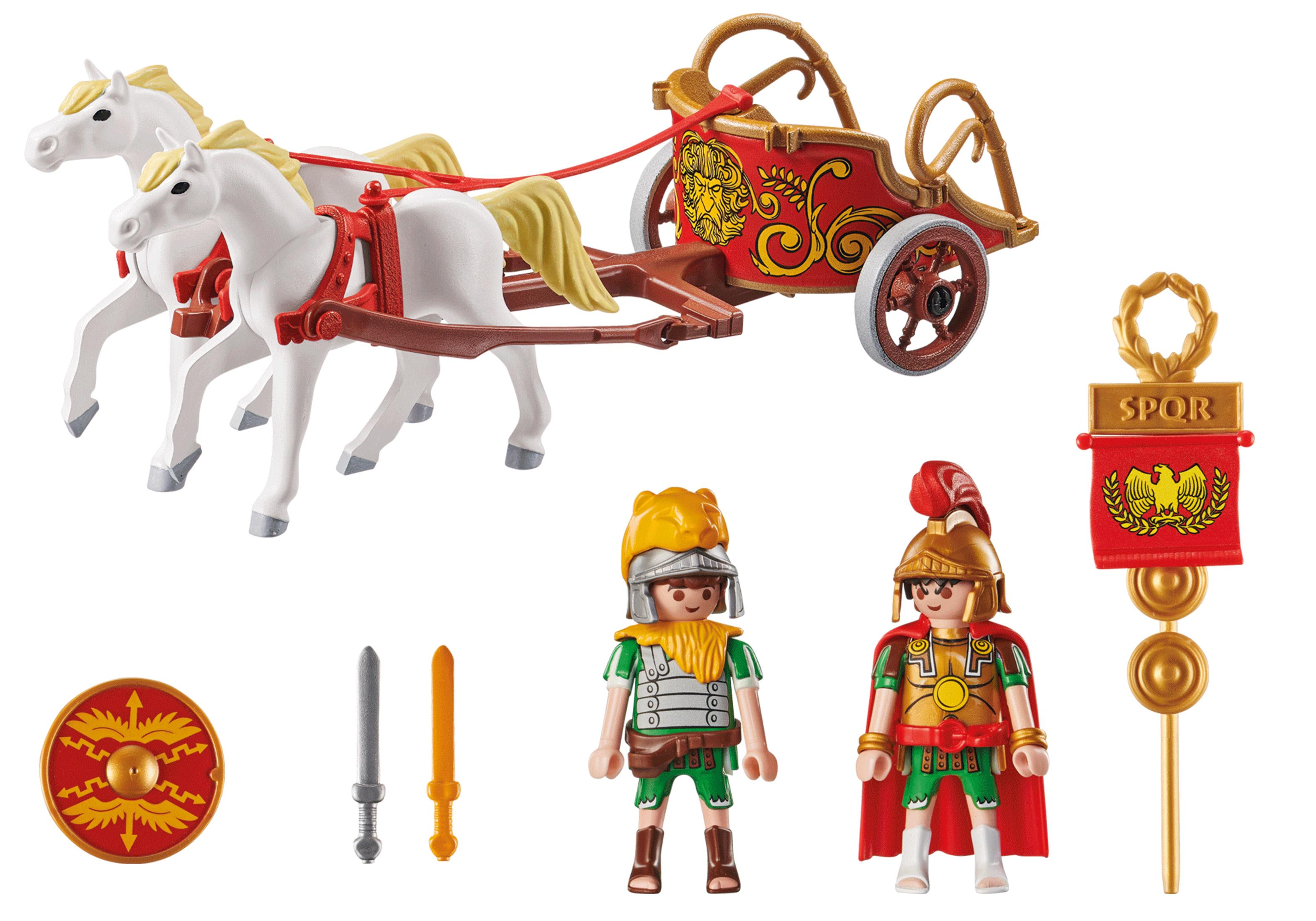 Carro romano Playmobil con cavalli bianchi, figure, armi e uno stendardo SPQR.