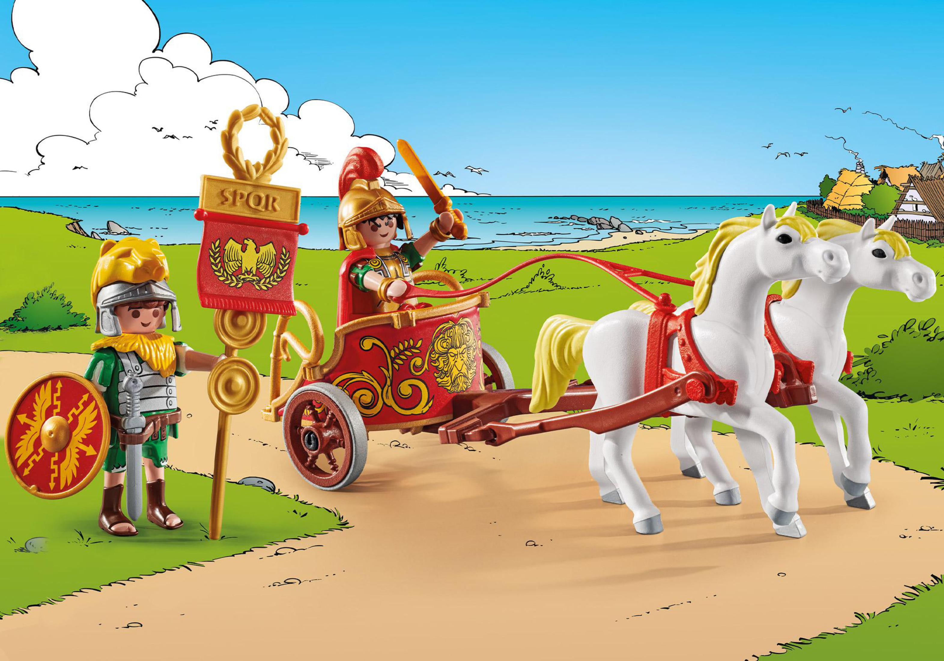 Scena Playmobil: carro romano trainato da cavalli bianchi, guidato da un soldato romano, un altro soldato è accanto.