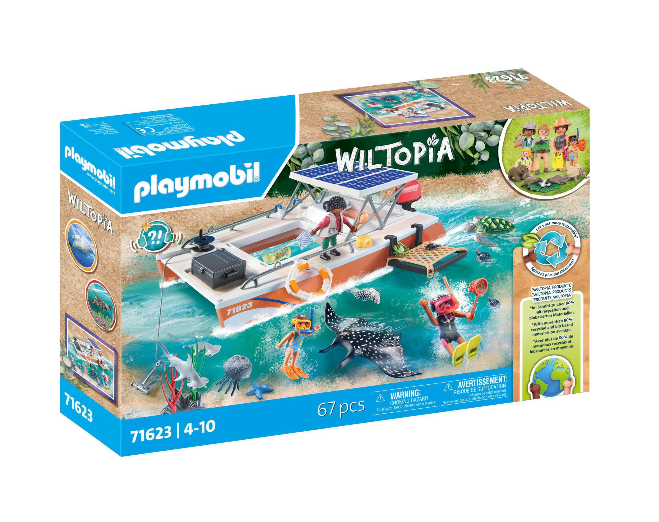 Scatola del set di gioco Playmobil Wiltopia. Include una barca, figure e illustrazioni marine.
