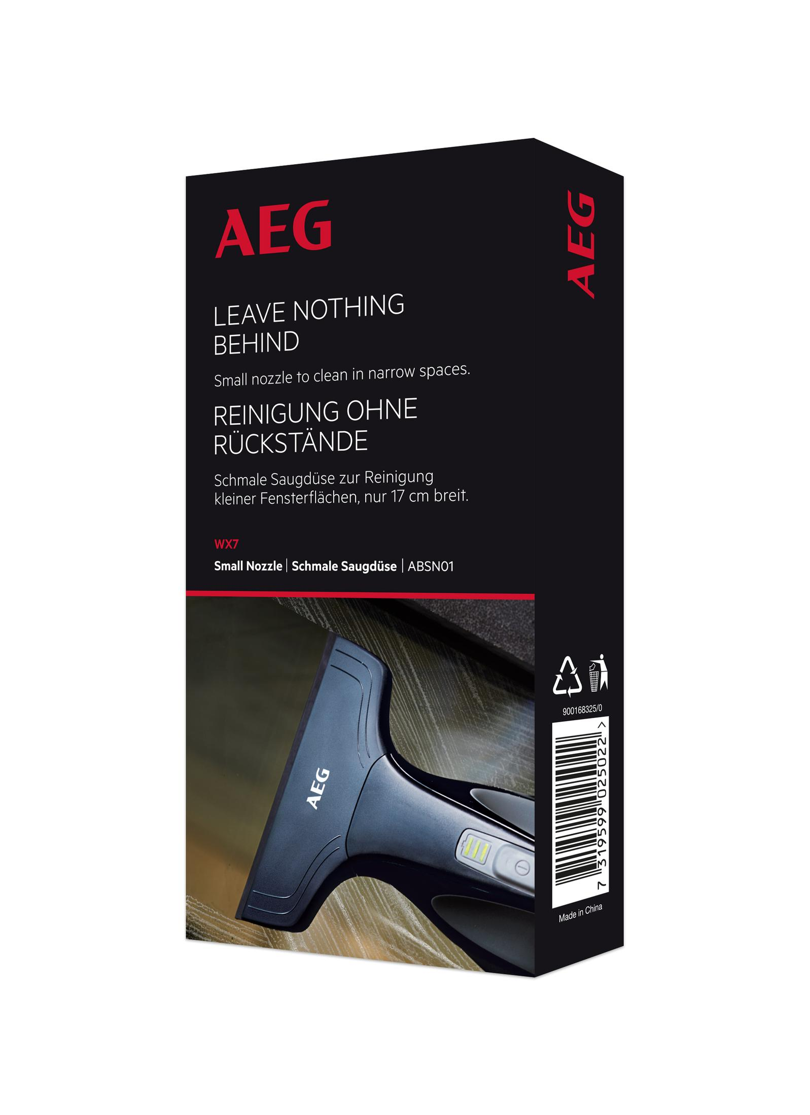 Caja negra con el logo AEG y detalles del producto. Presenta una boquilla de vacío.