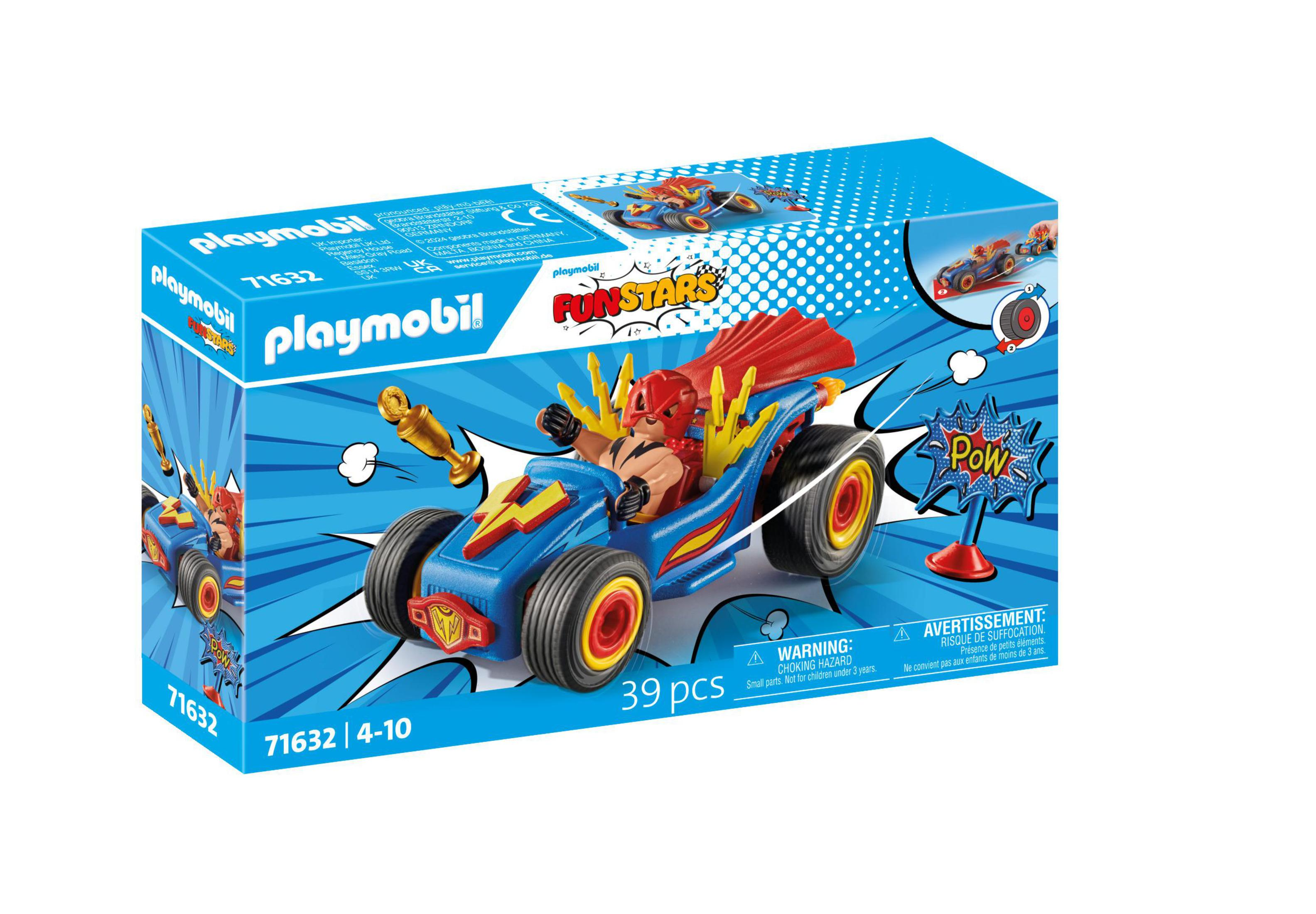Scatola Playmobil Fun Stars con un'auto giocattolo e un supereroe su sfondo bianco.