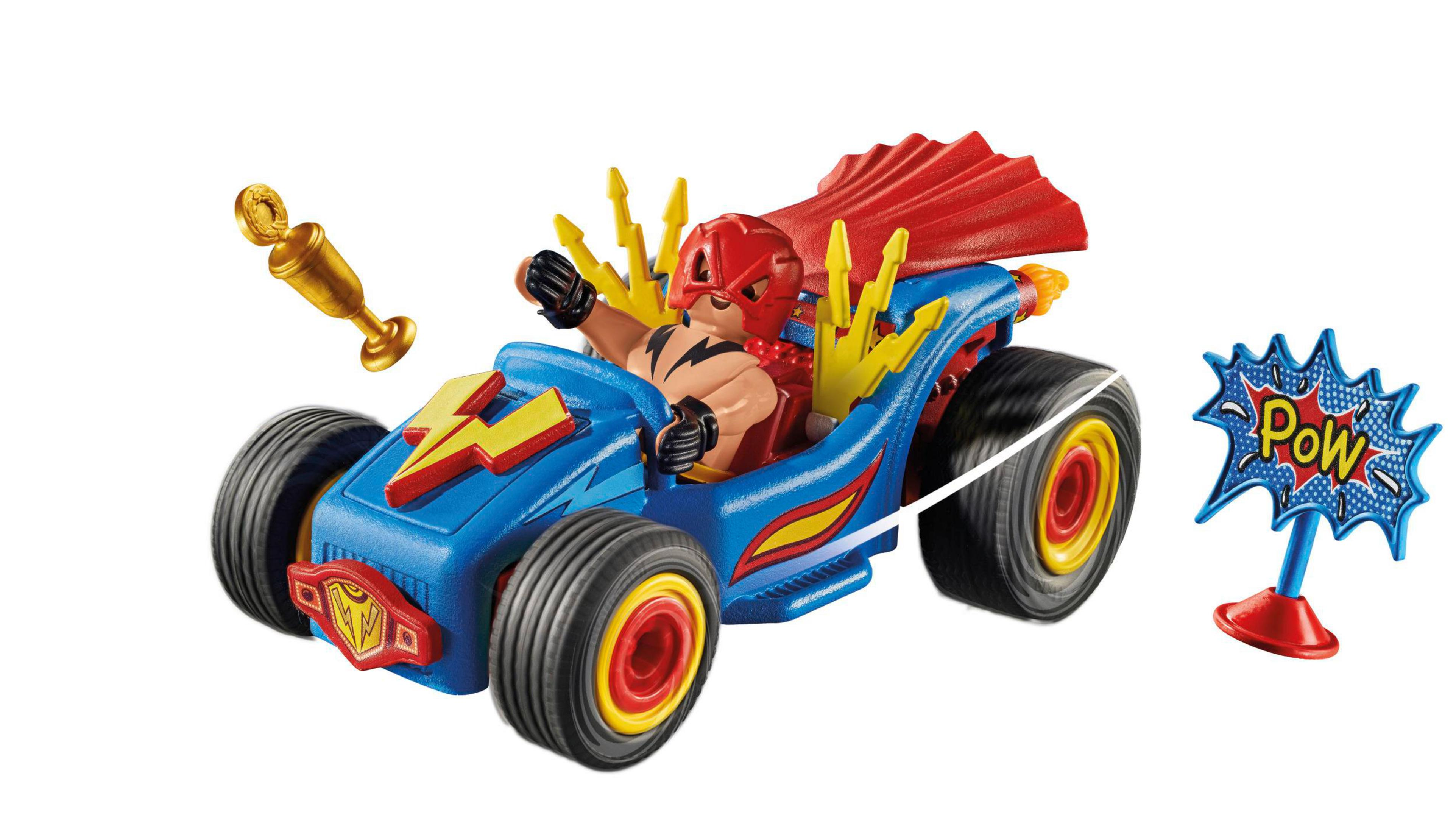 Macchina giocattolo Playmobil con personaggio di wrestler, un trofeo e un cartello 'Pow'. Sfondo bianco.