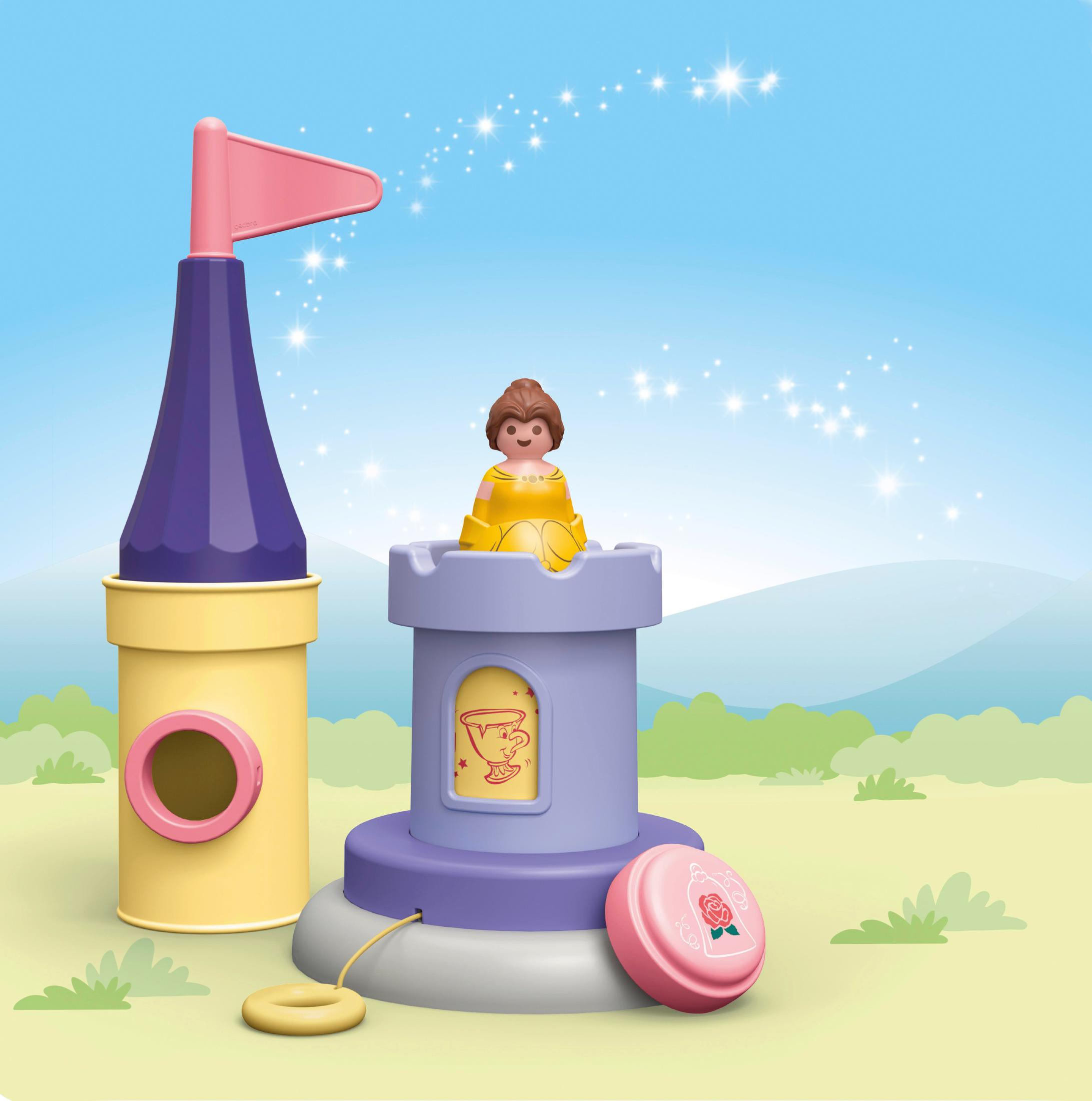 Un set di giocattoli Disney Princess. Una torre, una principessa e una rosa rosa. Sfondo cielo con stelle.