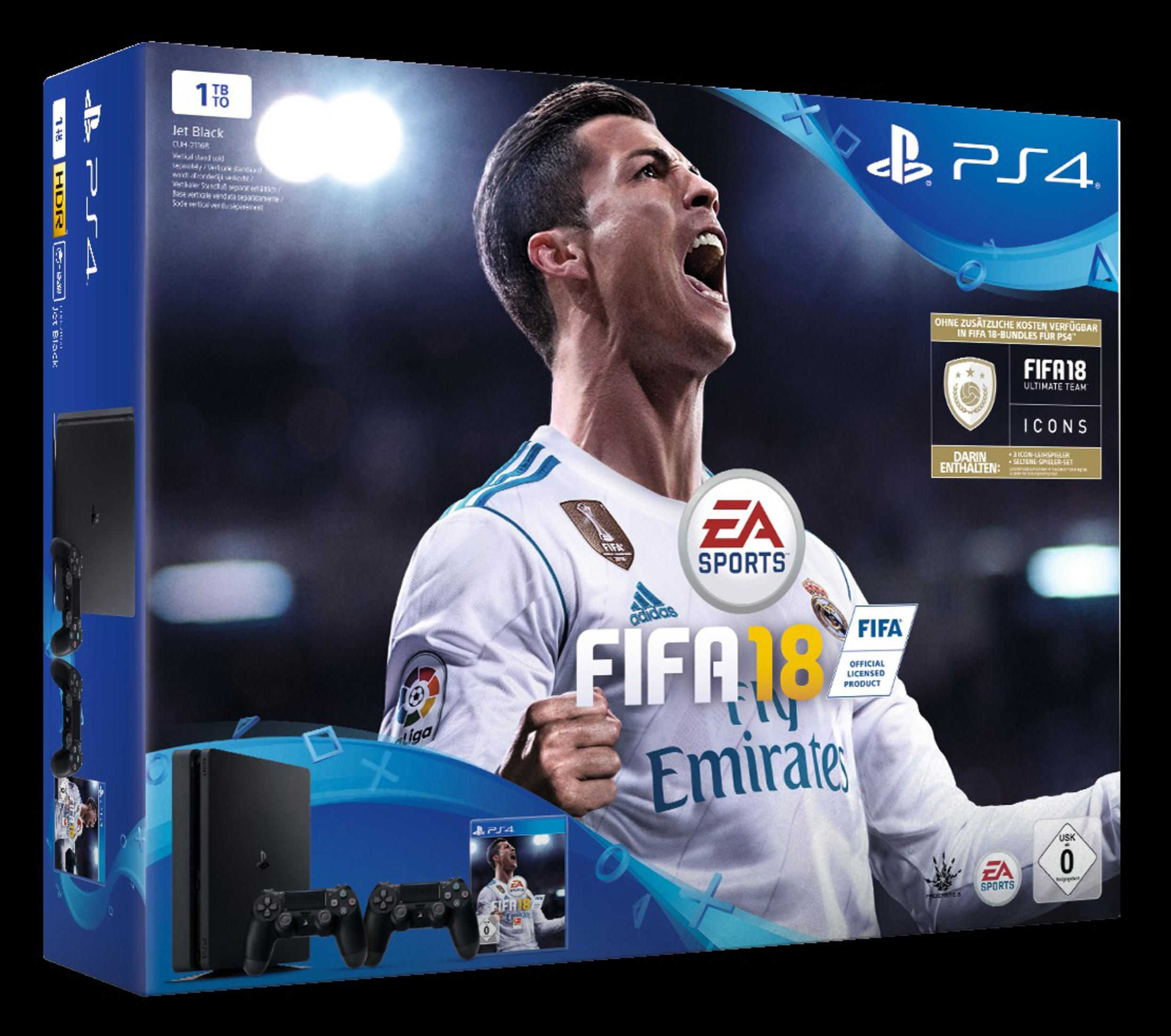 Eine Box von FIFA 18 für PS4 mit Cristiano Ronaldo auf dem Cover. Schwarze PS4 und Controller enthalten.