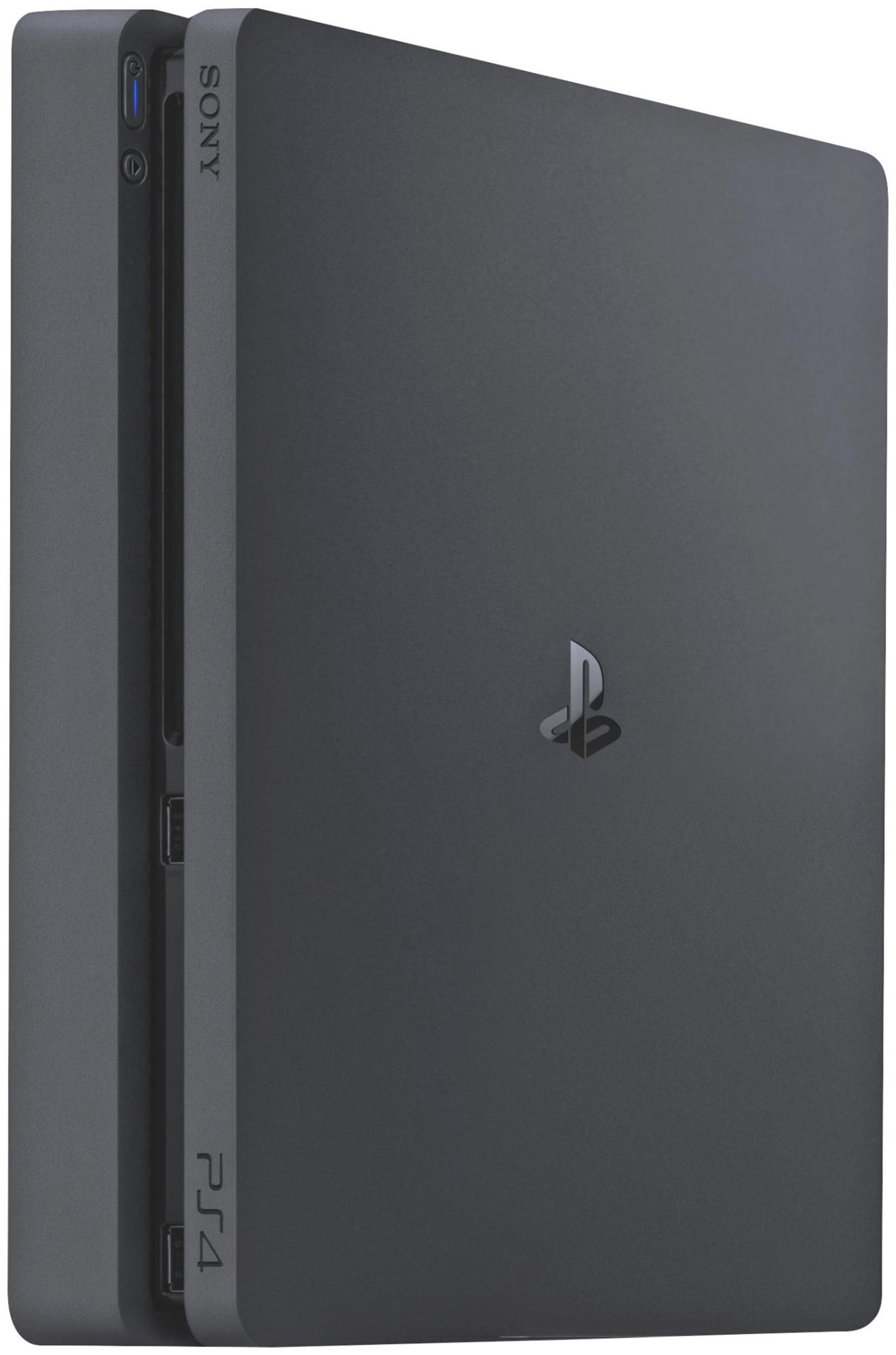 Eine schwarze PS4-Konsole mit dem PS4-Logo auf der Vorderseite.