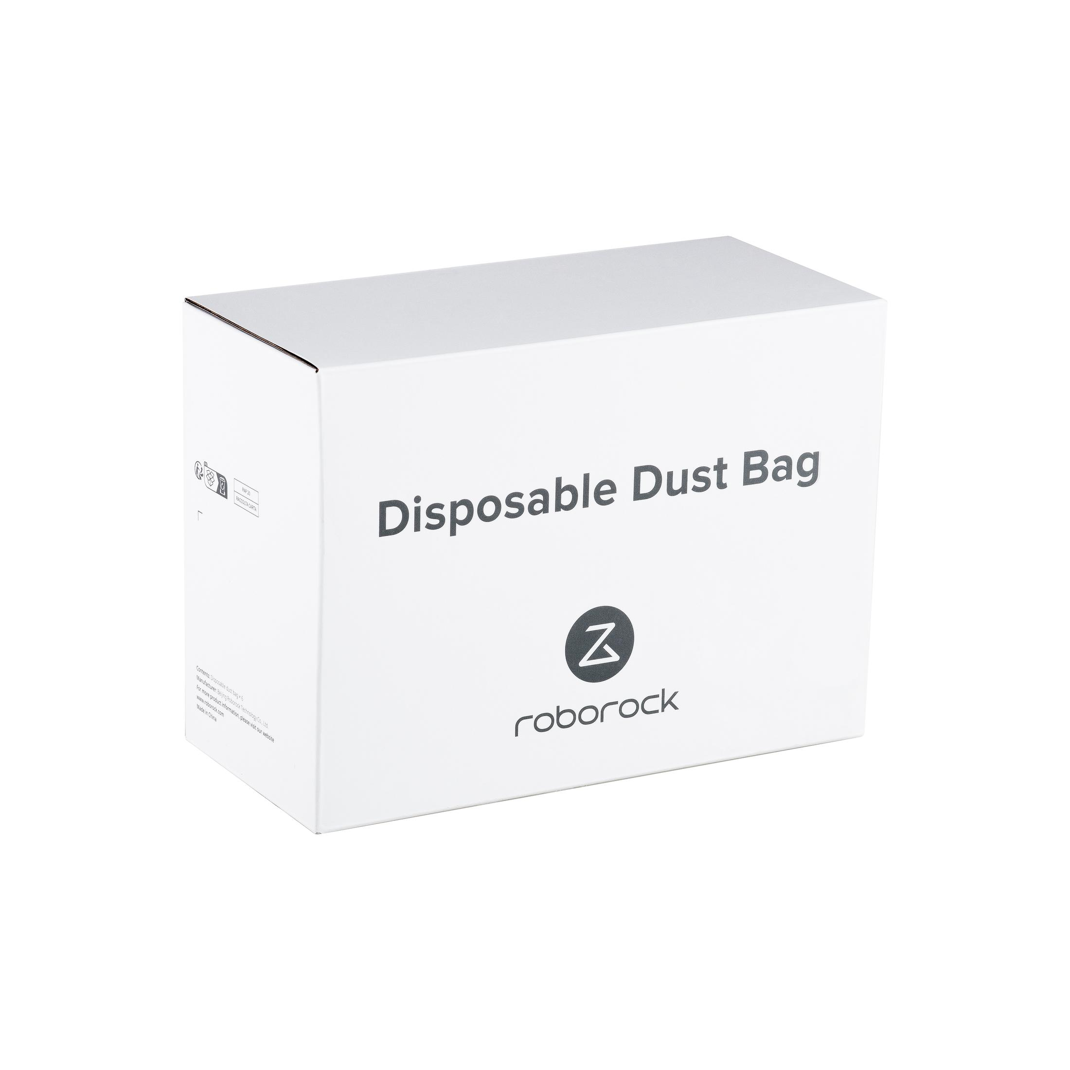 Białe pudełko z napisem 'Worek na kurz jednorazowy' z logo Roborock, na białym tle.