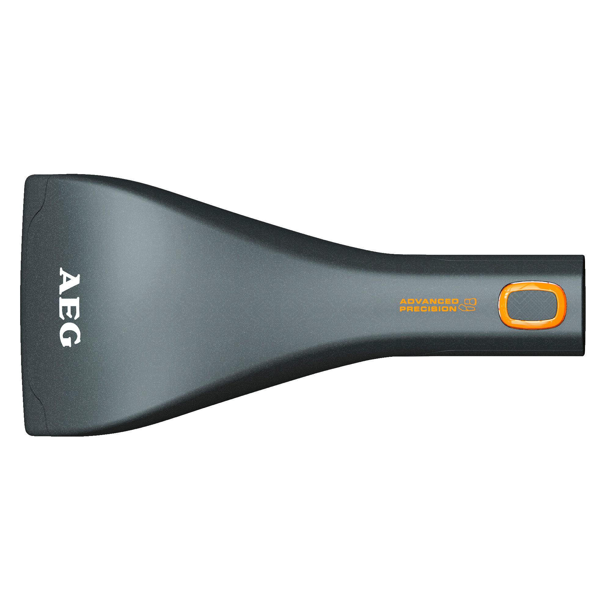 Rascador AEG gris con detalles naranjas, sobre un fondo negro.