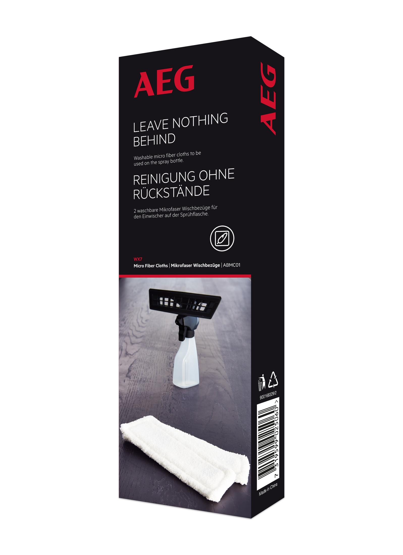 Scatola AEG con testo e immagine del prodotto: panni in microfibra per flaconi spray.