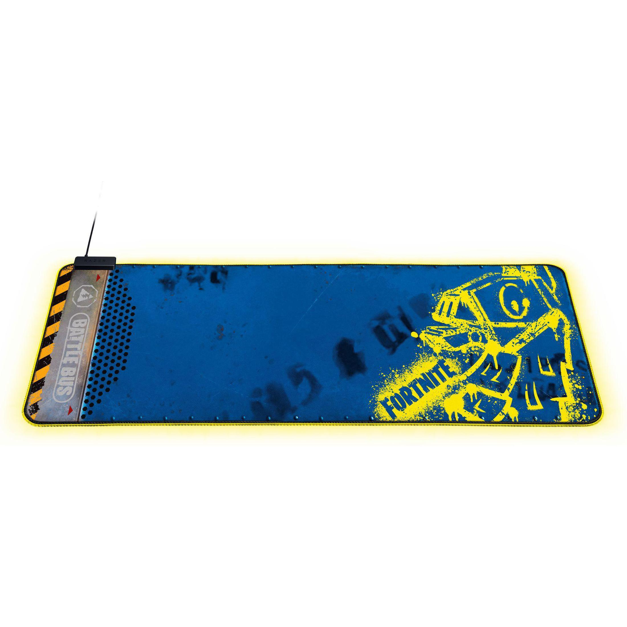 Niebiesko-żółta podkładka pod mysz do gier Fortnite ze słowami 'BATTLE BUS' i 'FORTNITE'.