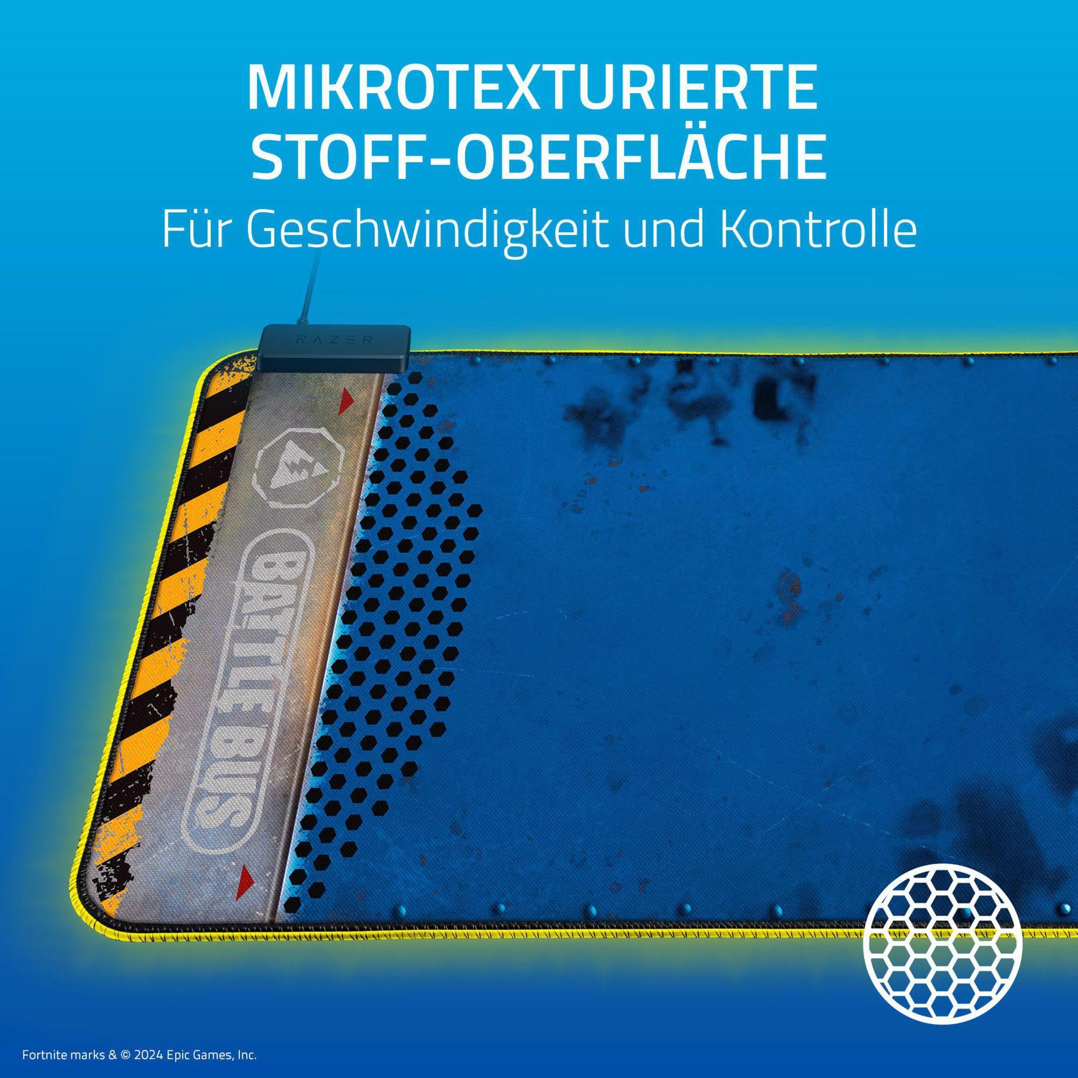Niebiesko-żółta podkładka pod mysz do gier z tekstem, logo Razer i sześciokątnym wzorem.