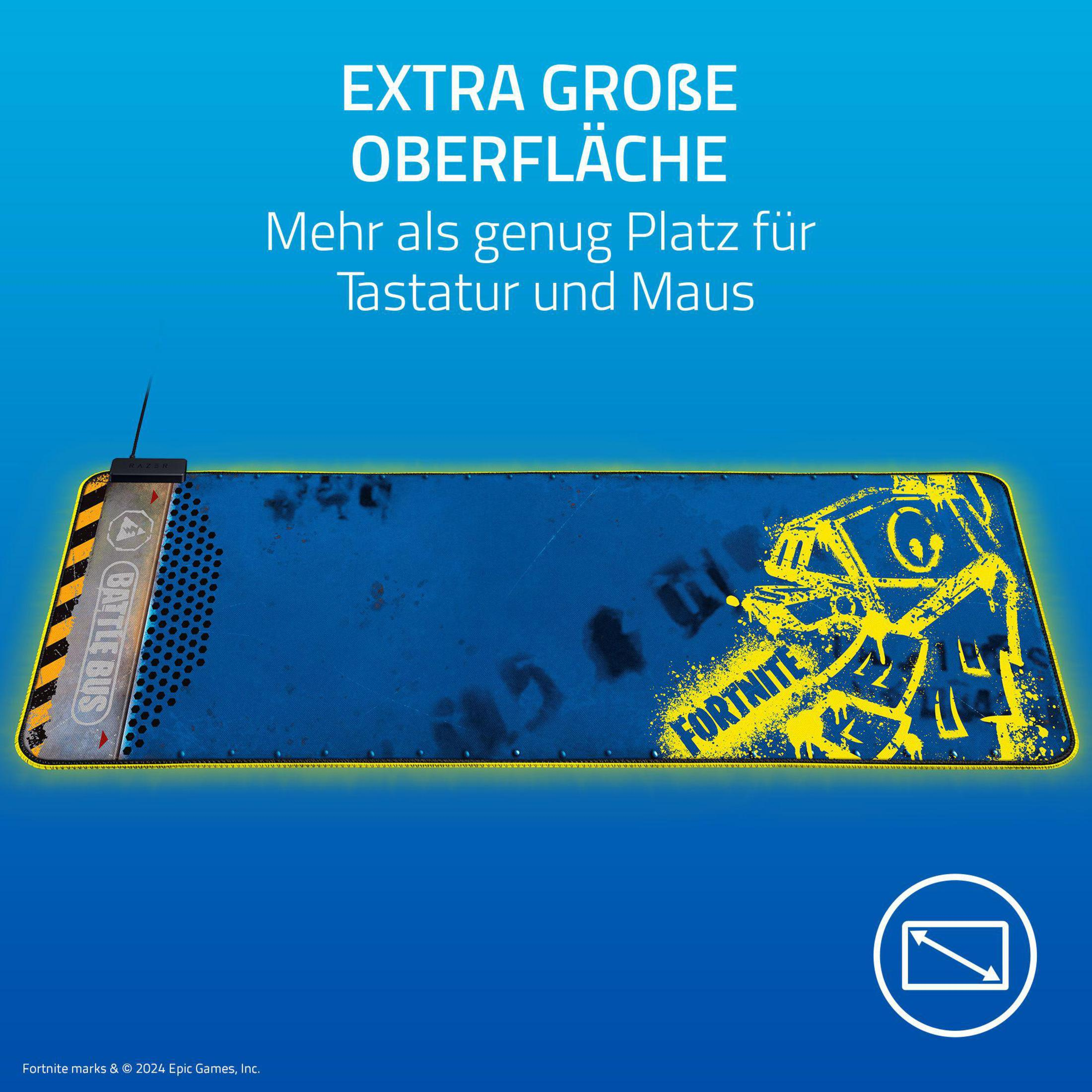Niebiesko-żółta podkładka pod mysz Fortnite. Tekst: EXTRA GROBE OBERFLÄCHE, obraz Battle Bus.