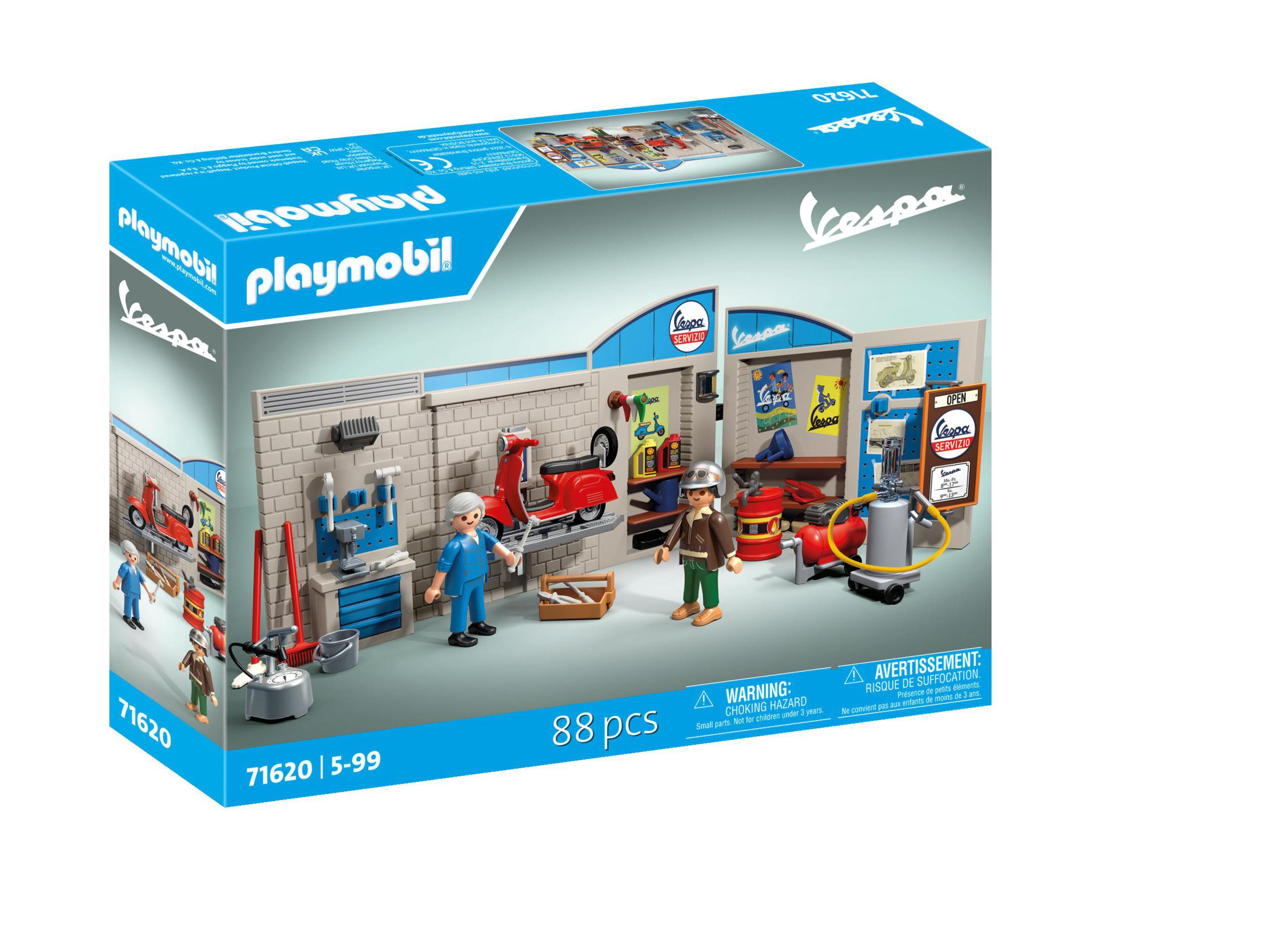 Zestaw Playmobil Vespa Garage w pudełku, pokazujący figurki i akcesoria.