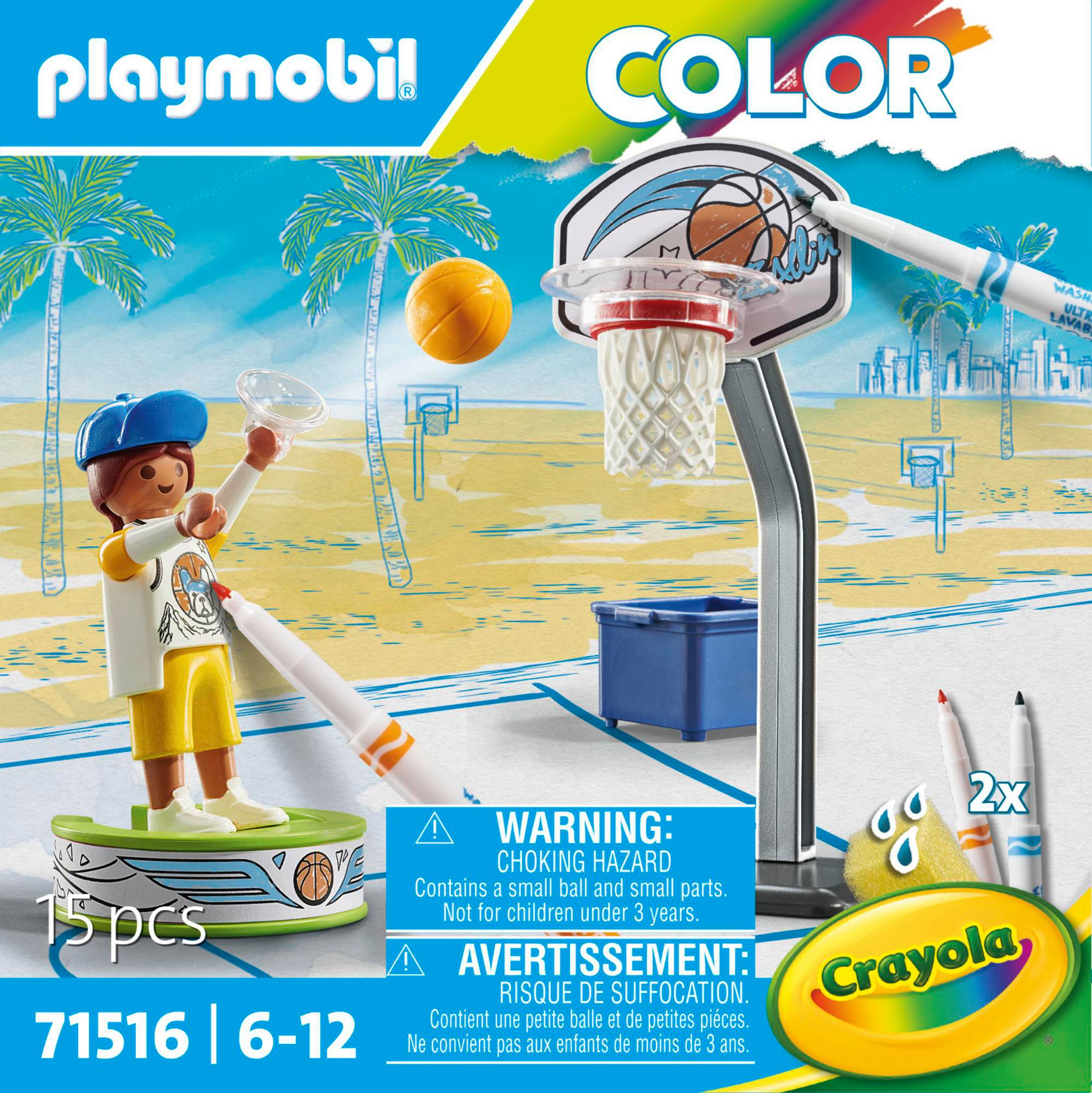 Playmobil Spielset. Basketballkorb, Figur wirft Ball. Crayola Marker sichtbar.