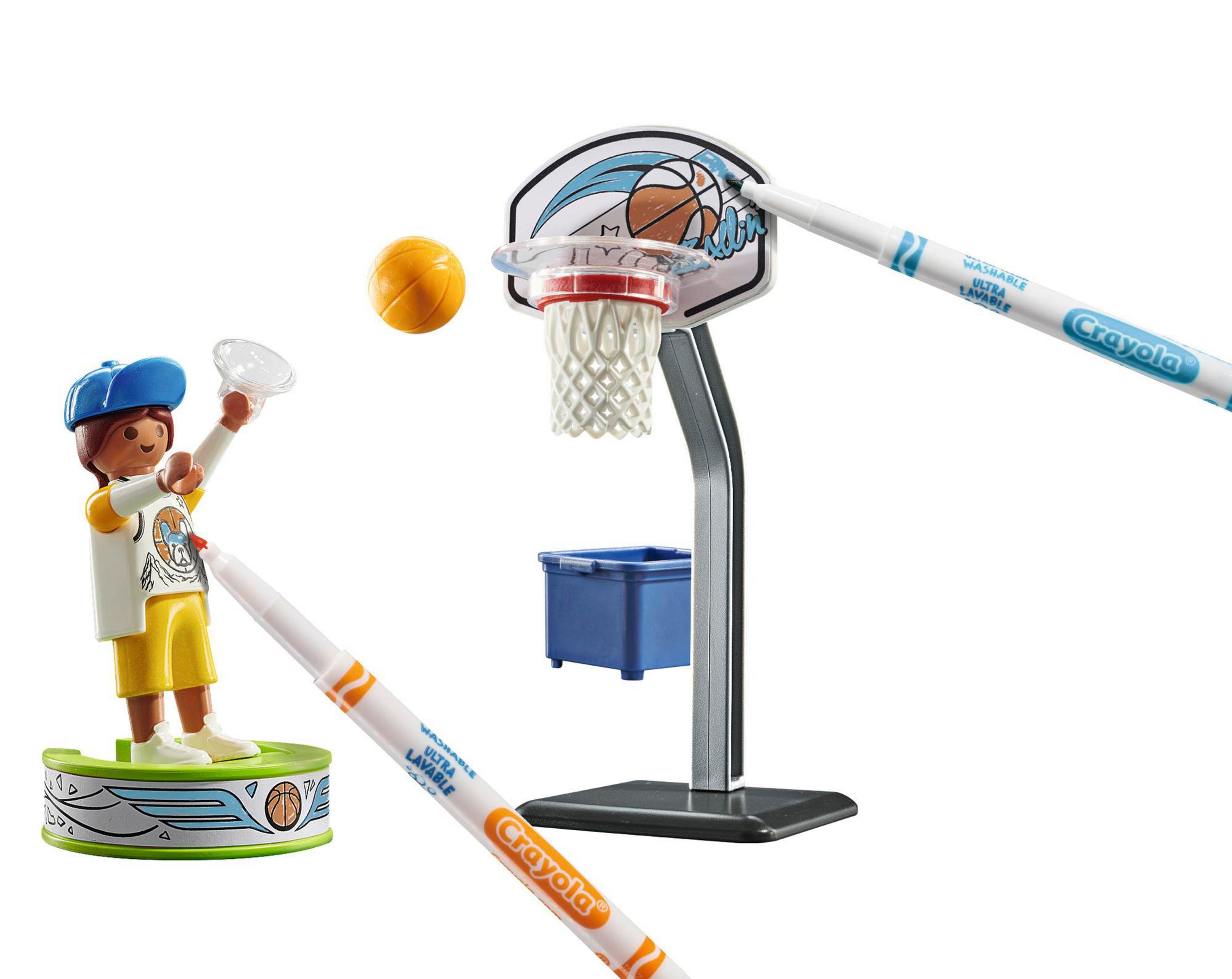 Ein Basketball-Spielzeugset mit Figur, Ball, Korb und Markern.