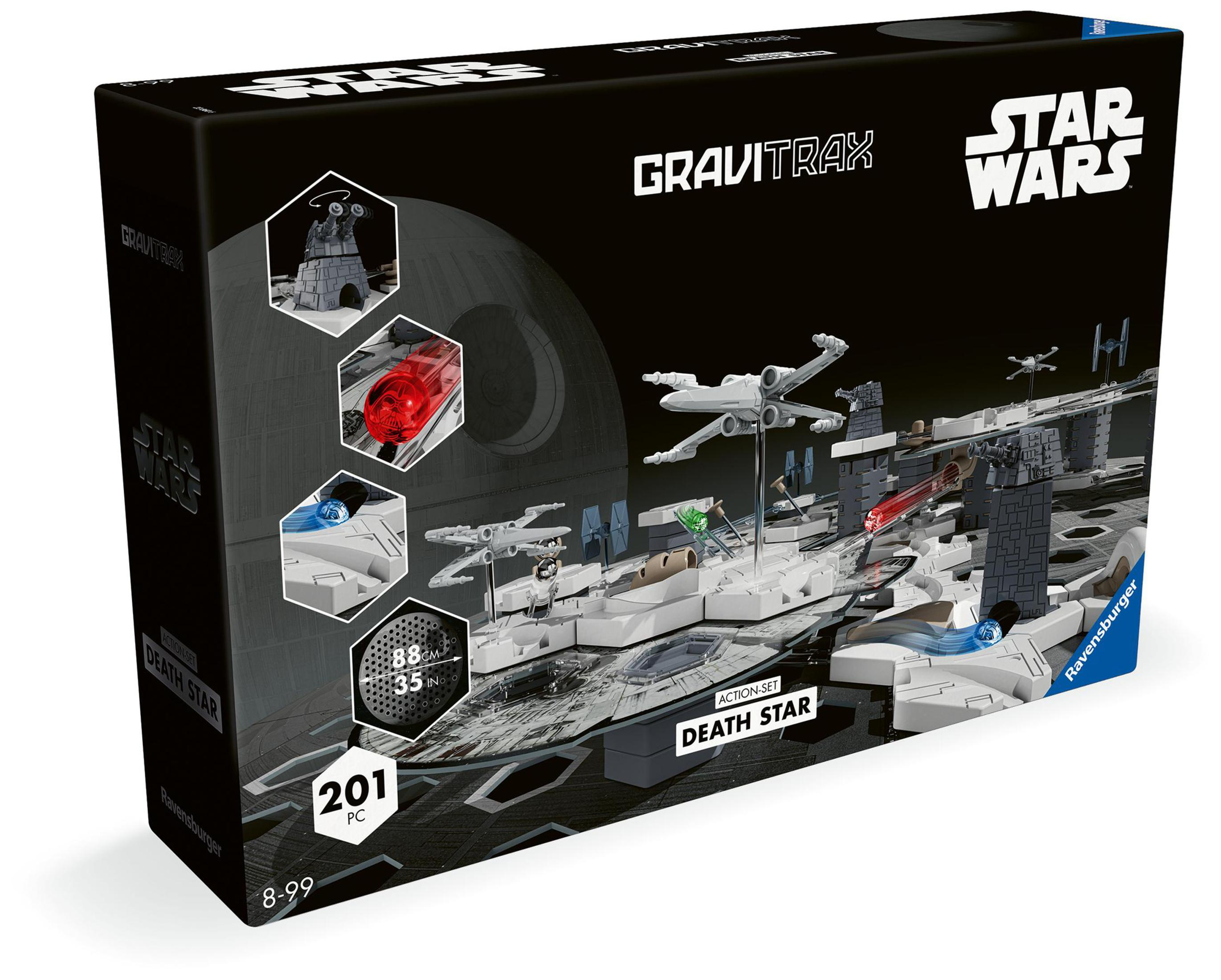 Il set mostra un modello della Morte Nera, con X-wing. Testo: Gravitrax, Star Wars, Morte Nera, 201 pezzi.