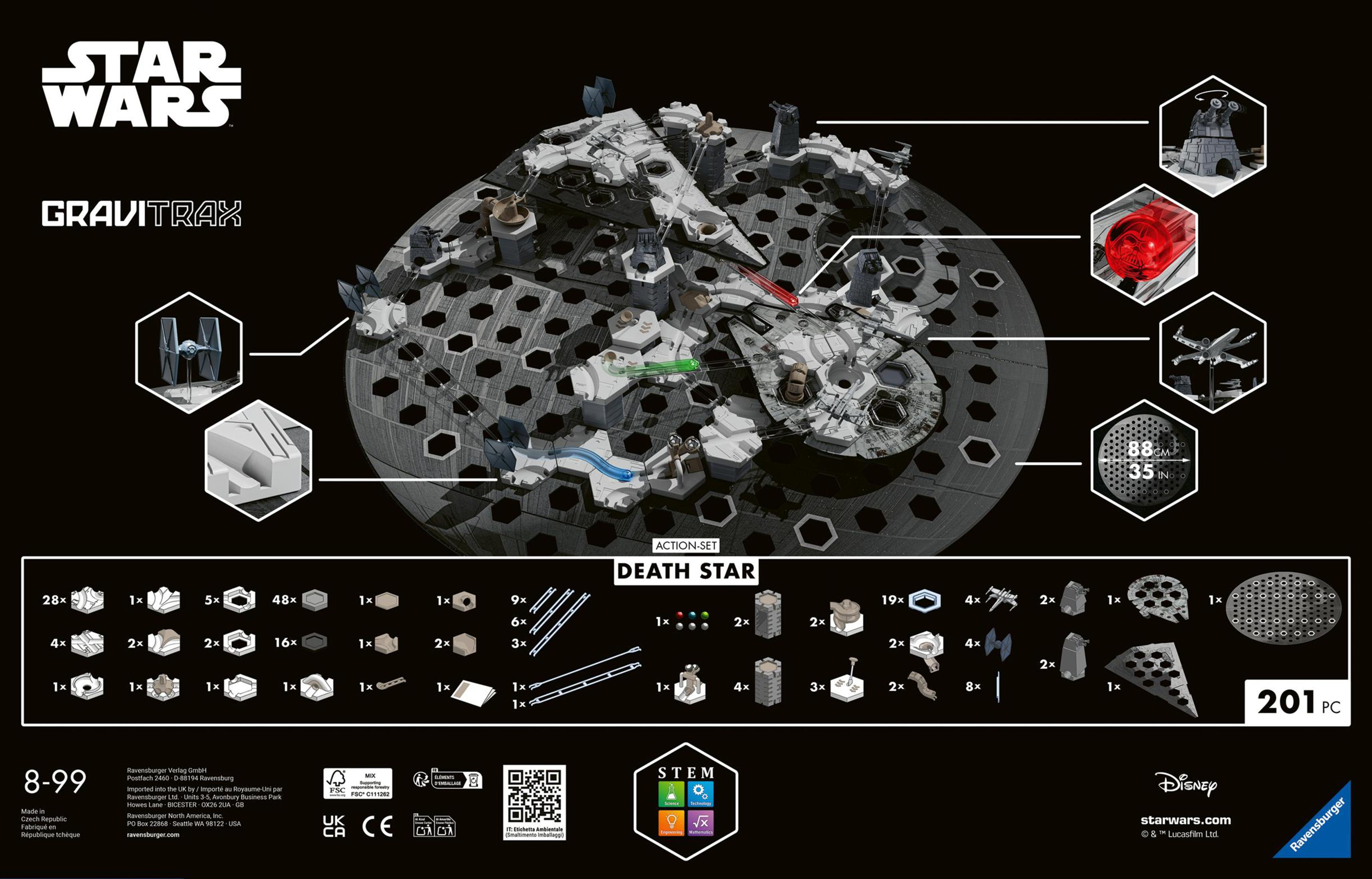 Set Star Wars GraviTrax Death Star, che mostra uno schema della costruzione con i pezzi.