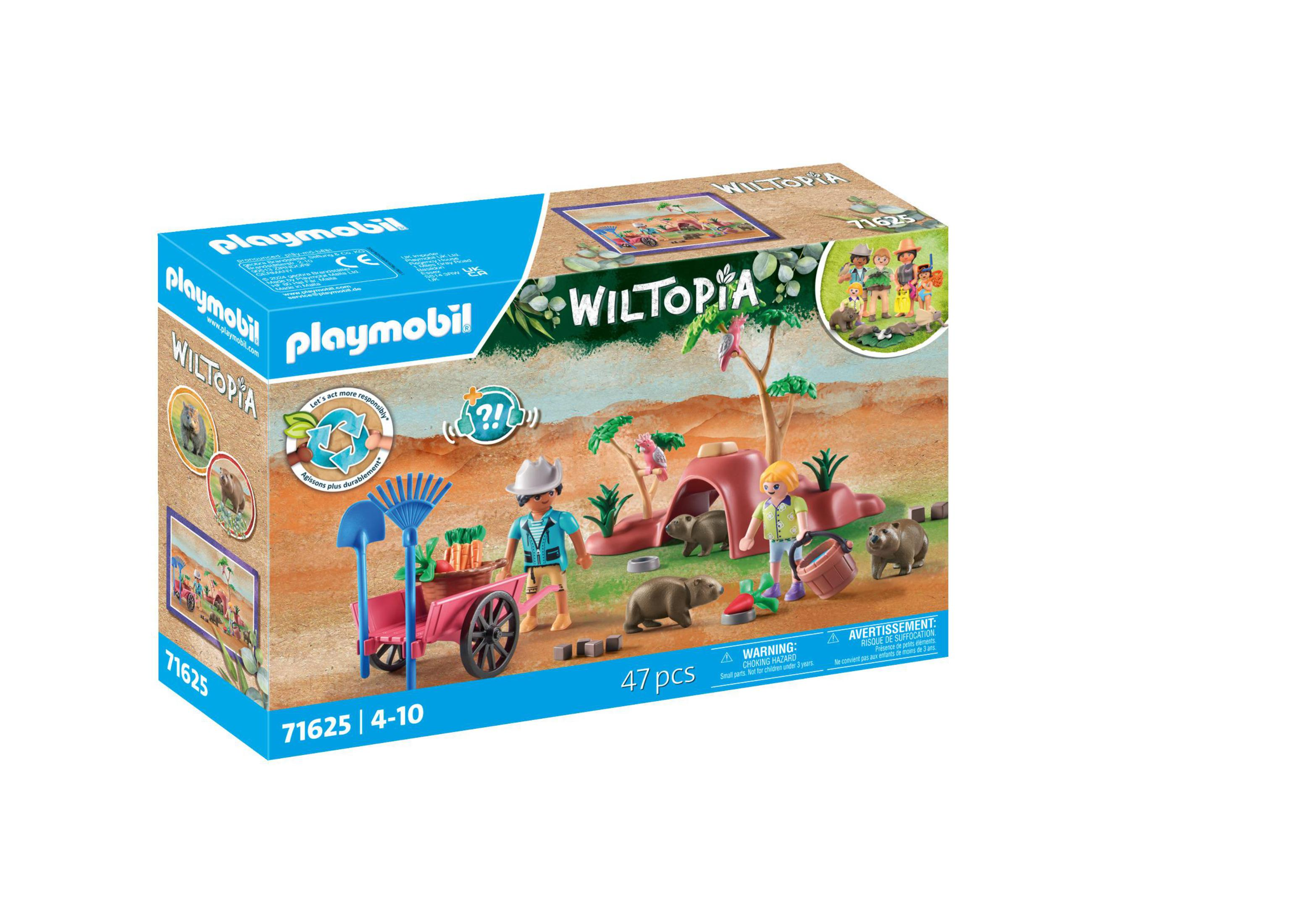 Set scatola Playmobil a tema 'Wiltopia'. Contiene personaggi, animali e un carrello. Sfondo bianco.