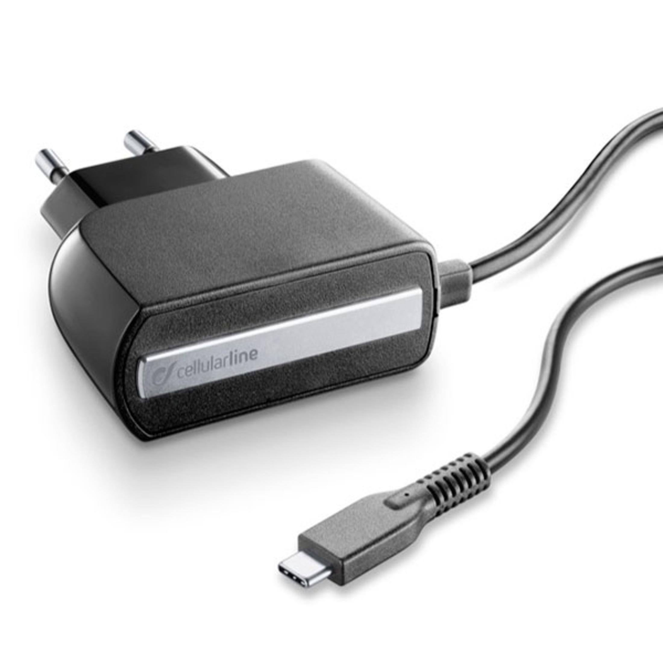 Schwarzes Telefonladegerät mit USB-C-Anschluss. Weißer Hintergrund.
