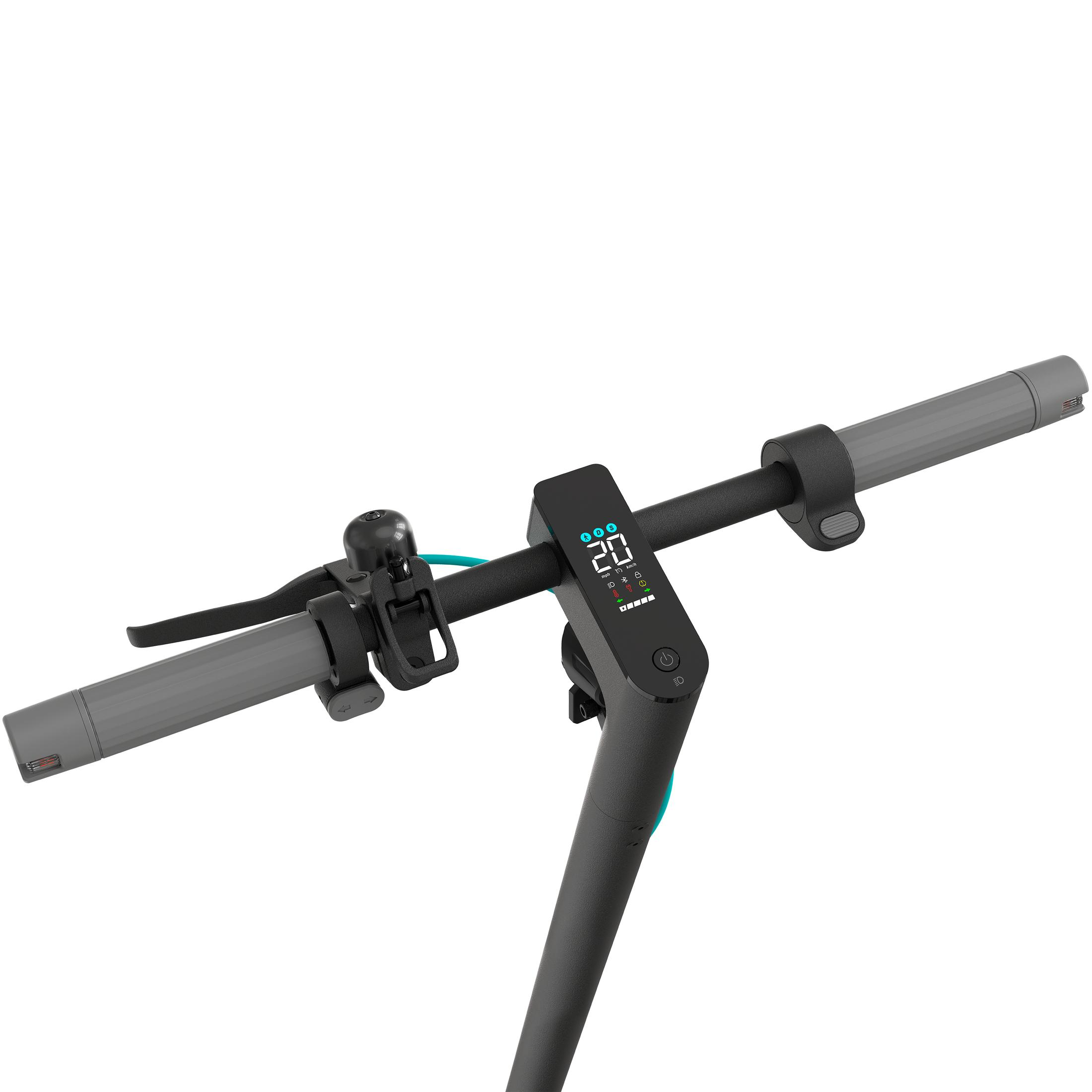 Rollerlenker, Anzeige mit 20 und Bedienelemente. Graue Griffe, schwarzer Vorbau.