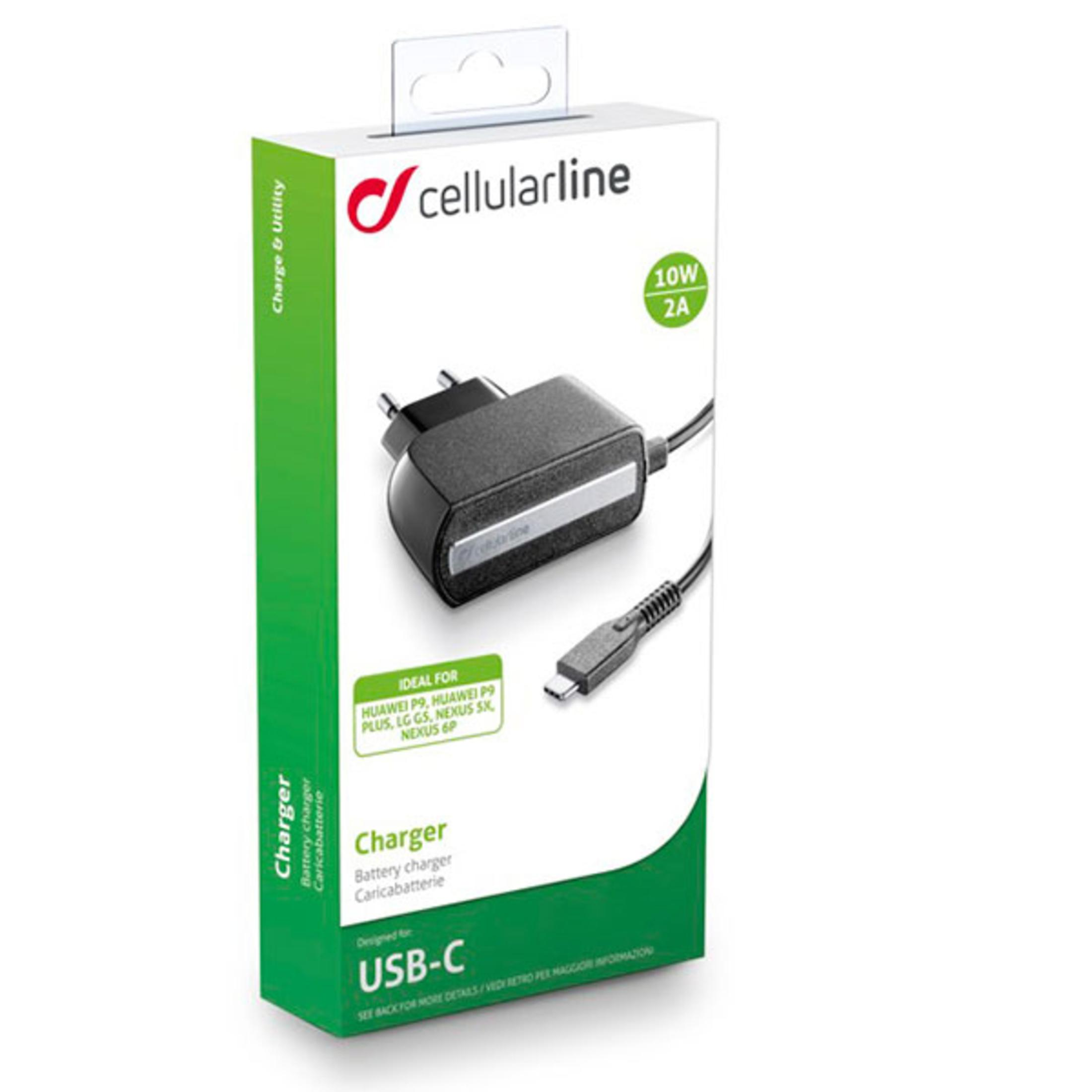 Cellularline-Ladegerätbox. Schwarzes Ladegerät mit USB-C-Kabel. Weiße Box mit grünen und roten Akzenten.