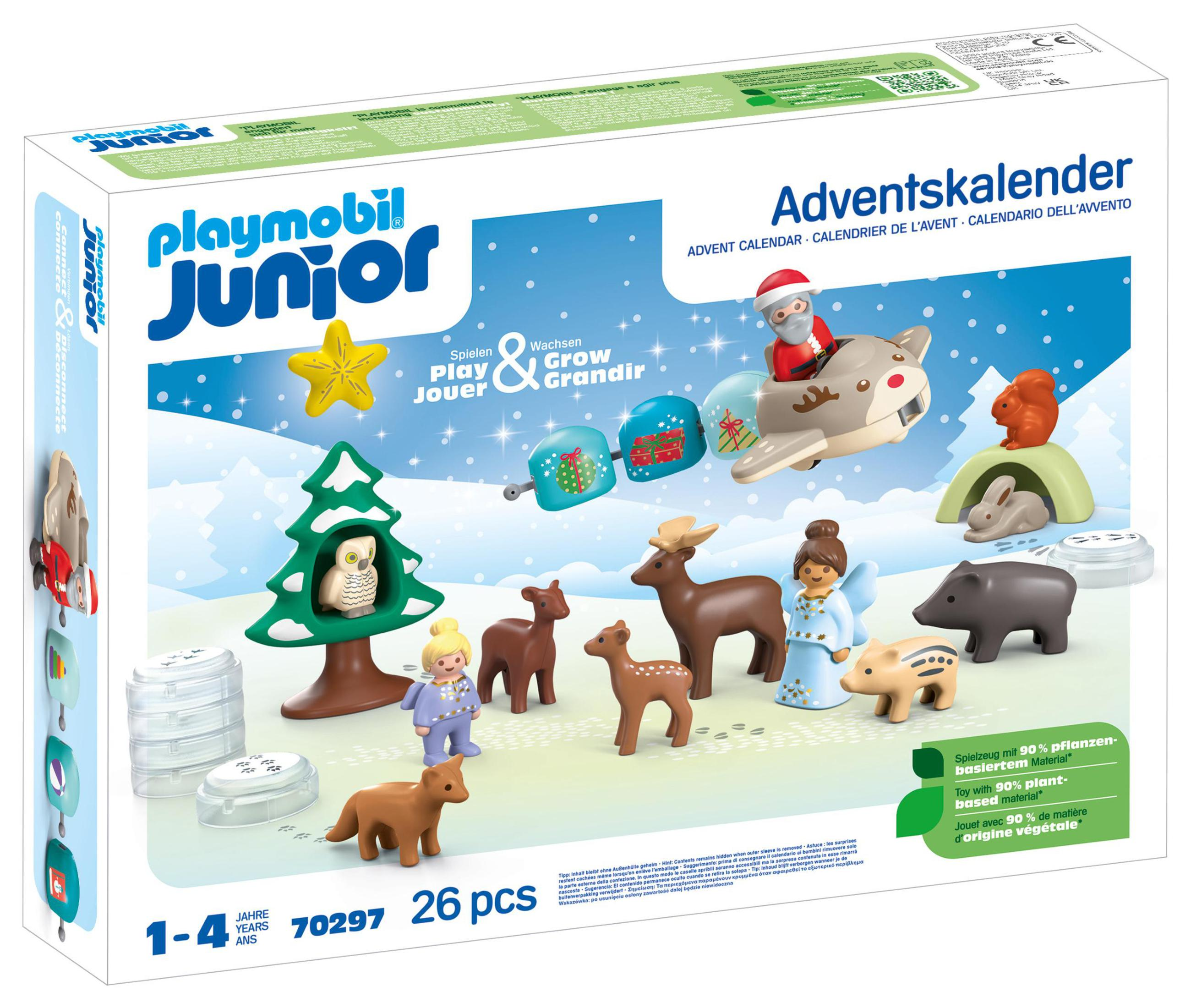 Playmobil Junior Adventskalenderbox mit Spielzeug auf weißem Hintergrund.